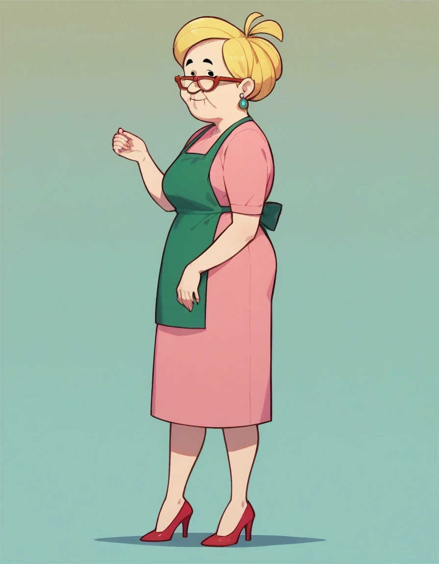 Vovo_quitandinha_Zuzu, 1girl, solo, blonde hair, dress, jewelry, earrings, glasses, high heels, pink dress, old woman, with bananas for hair, and pink dress, small red shoes. black eyes, green apron