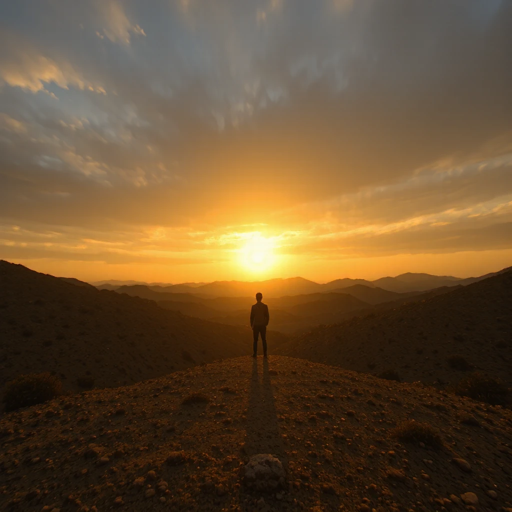 Photorealism, Awakening Through Grief and Longing: A sunrise over barren hills, its light unveiling a lone figure holding memories close.