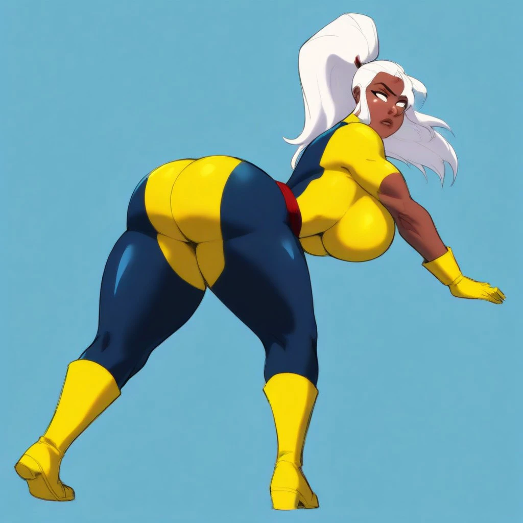 (masterpiece), (absurdres), (high quality), masterwork, award-winning, best quality, hyper-detailed, dynamic, anime, x-men, x-men:_the_animated_series, x-men_storm, 1girl, solo, storm_(x-men), (N44V5STYL3V1:1.2), white eyes, no pupils, black eyelashes, long hair, white hair, high ponytail, adult female, (dark skin), dark-skinned_female, huge breasts, big ass, curvy, skinny, thick thighs, tall, fit, ass_visible_through_thighs, yellow footwear, gloves, boots, bodysuit, belt, two tone bodysuit, yellow bodysuit, blue bodysuit, blushing, blue background background