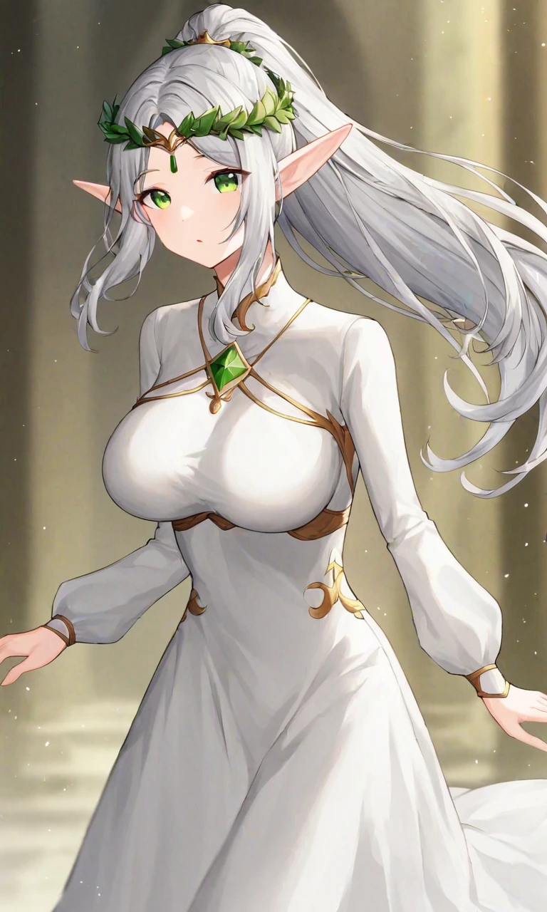 masterpiece,absurdres,1girl,solo,pointy ears,long hair,elf,green eyes,silver hair,head wreath,circlet,high ponytail,large breasts,floating hair,(white dress,long sleeve),