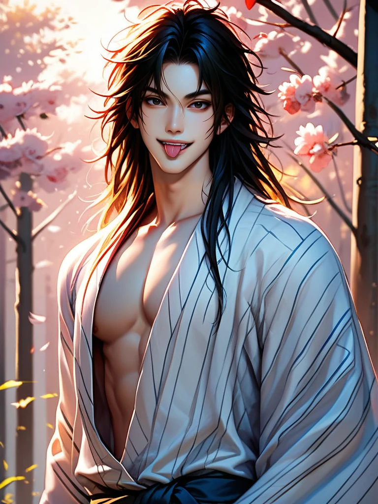 score_9, score_8_up, score_7_up, 1boy, looking at viewer, cowboy shot, smile, wide shot, solo, dutch angle, detailed background, cherry blossoms, forest,
<lora:ADonghuaMaleXL_style:0.8>,DonghuaXLP, long hair, messy hair, black hair, black eyes, yukata, japanese clothes, evil smile, tongue out, crazy smile, open clothes,