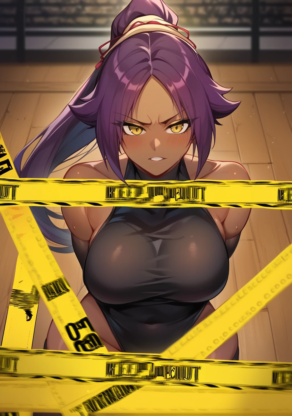 score_9, score_8_up, score_7_up, score_6_up, score_5_up, score_4_up, masterpiece, high quality, BREAK, full body, BREAK, 1girl,   <lora:Caution_Tape_Censoring_Pony_XL:0.9> caution_tape, censoring, mild_nudity, caution tape, <lora:Yoroichi (Bleach):0.9> Yoruichi Shihouin, dark skin, tanned, purple hair, slender, black bodysuit, bare shoulders, thigh highs, ponytail,