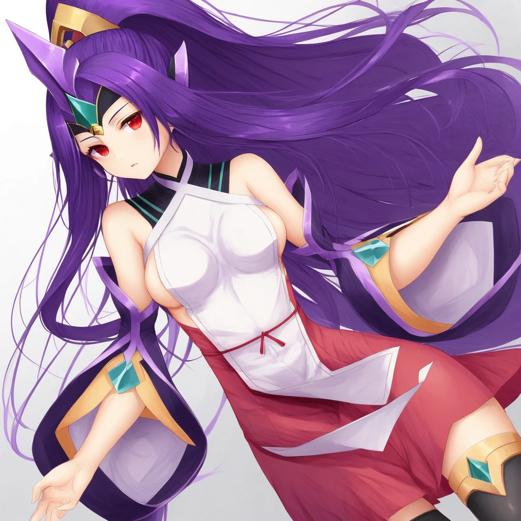 1girl, red eyes, purple hair, long hair, high ponytail,  hair ornament, forehead protector, sideboob, white tabard, red skirt, detached sleeves, bare shoulders, black thighhighs,