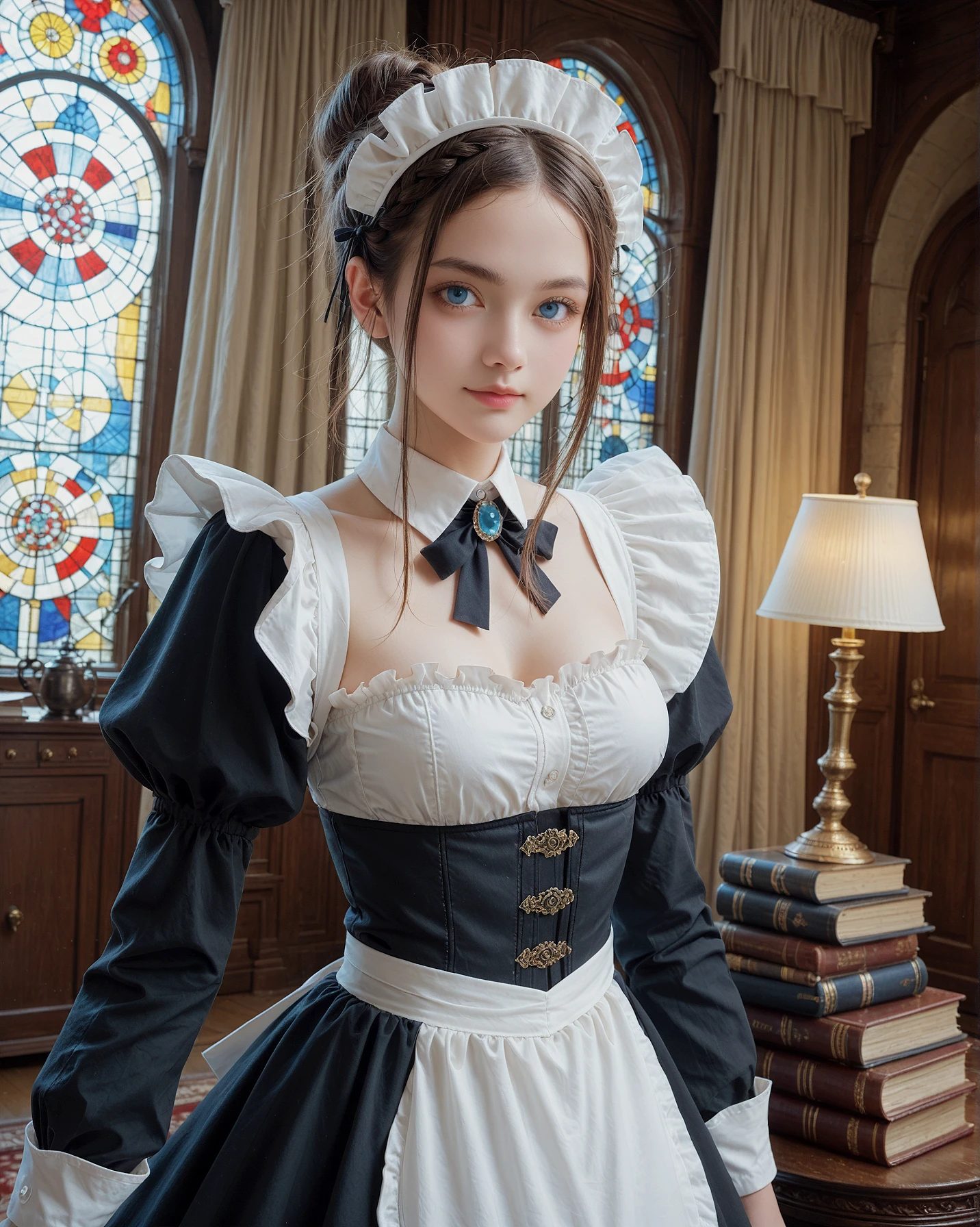 1girl in, masutepiece, Best Quality, 8K, Detailed skin texture, Detailed Cloth Texture, beautifull detailed face, Intricate details, ultra-detailliert, Alice in Wonderland, (Bow on her head:1.1), Upper body