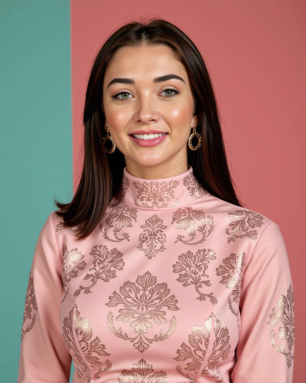 cowboy shot photo of Amy Jackson woman,candid photo with natural colors, grinning expression on face,studio quality, wearing intricate conservative turtleneck Pink Anarkali Suit, straight hair, pastel shaded multicolored background, cinematic soft lighting<lora:TestBed\Amy_Jackson_Flux_Kohya_LoRA_v1.safetensors:1.0:1.0>