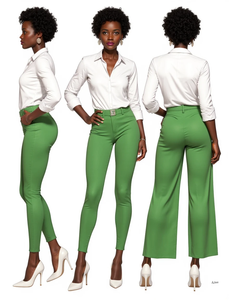 lupita-nyongo, characterDesignSheetQuiron, a character sheet with multiple views, she is wearing a white shirt and green pants with white high heels   <lora:flux_lupita-128:1.1> <lora:CharacterDesignSheetQuiron_FLUX:1>