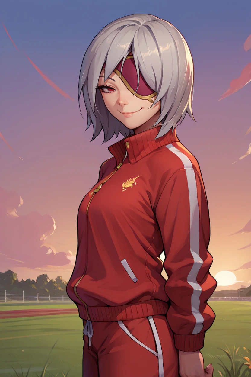 score_9, score_8_up, score_7_up, score_6_up, source_anime, 1girl, solo,  <lora:ginadickinson-pdxl-nvwls-v1-000005:1> ginad, grey hair, medium hair, red eyes, eyepatch, track suit, red track jacket, track pants, from side, smug, smile, looking at you, sunset, field, breasts