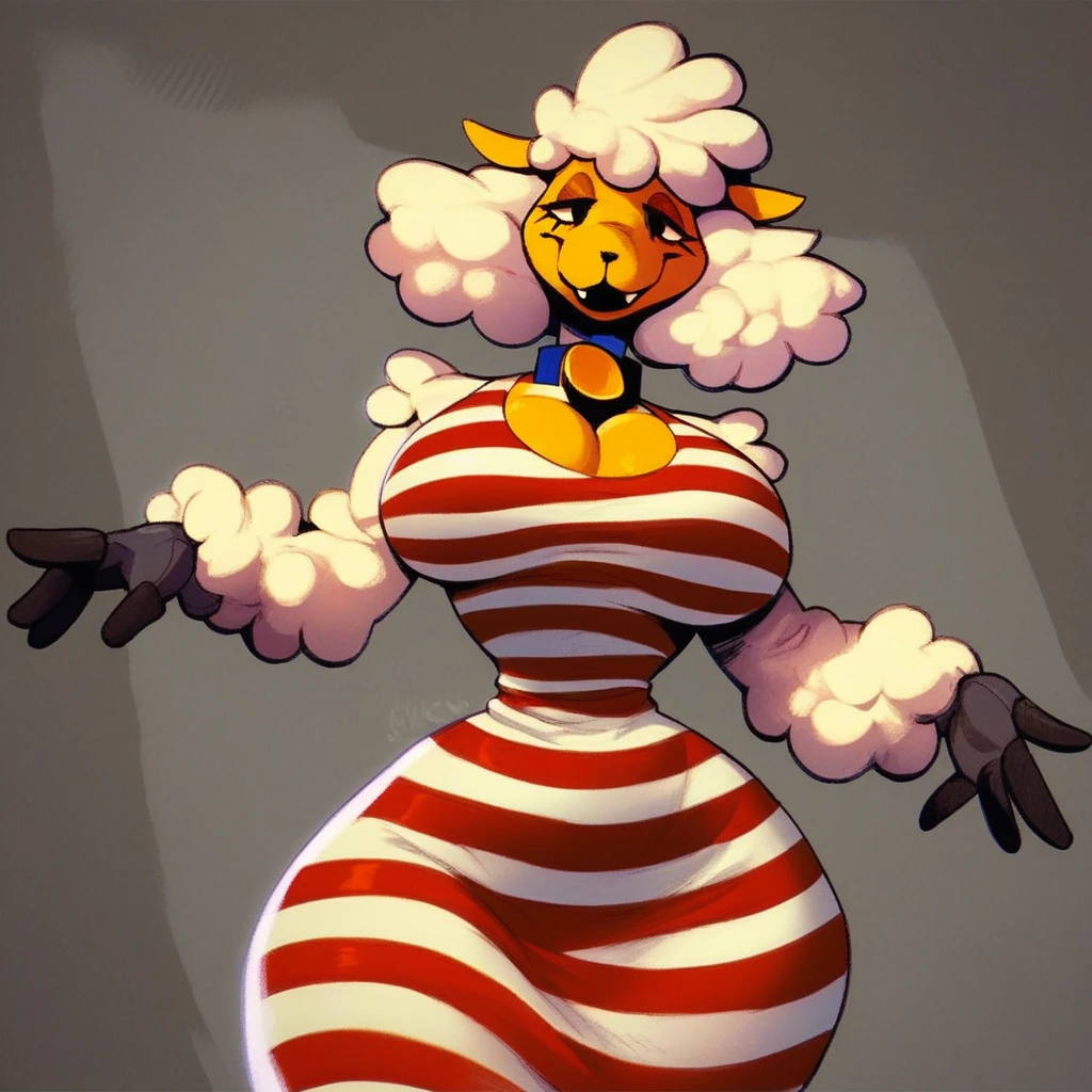 Solo, Furry, Anthro, Poodle, Female, E621, Naked, Standing, Defined Curves, Big Ass, Big Breasts, Big Curves, Hands behind back, Front view, Plain background, By darkgem