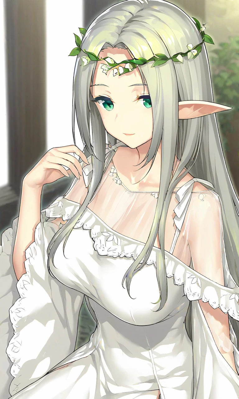 1girl,solo,pointy ears,long hair,ponytails,elf,green eyes,silver hair,head wreath,large breasts,(white dress),