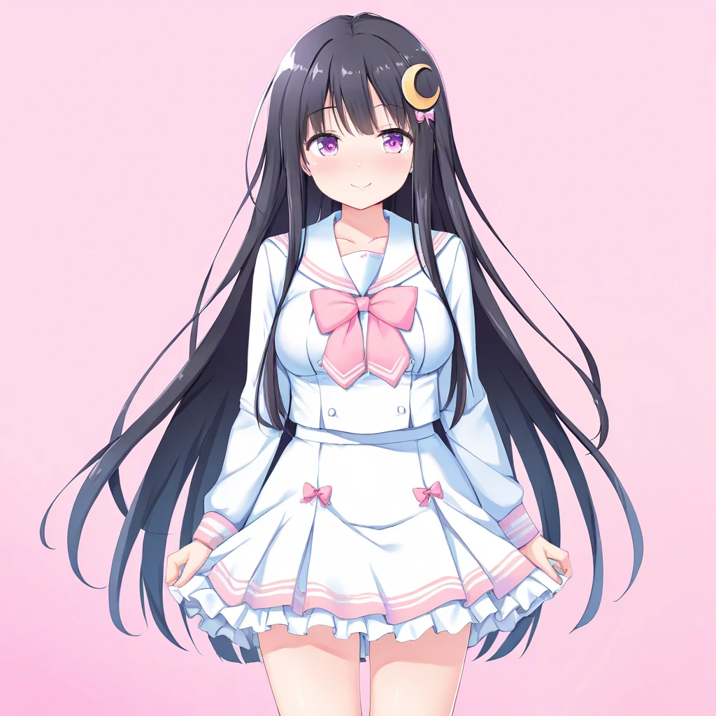 (best quality, amazing quality, very aesthetic, absurdres), 1girl, solo, medium breasts, standing, beckoning, crescent hair ornament, black hair, arms at sides, pink bow, serafuku, frilled skirt, smile, very long hair, cowboy shot, pink background, colorful, pastel colors, Ultramoe