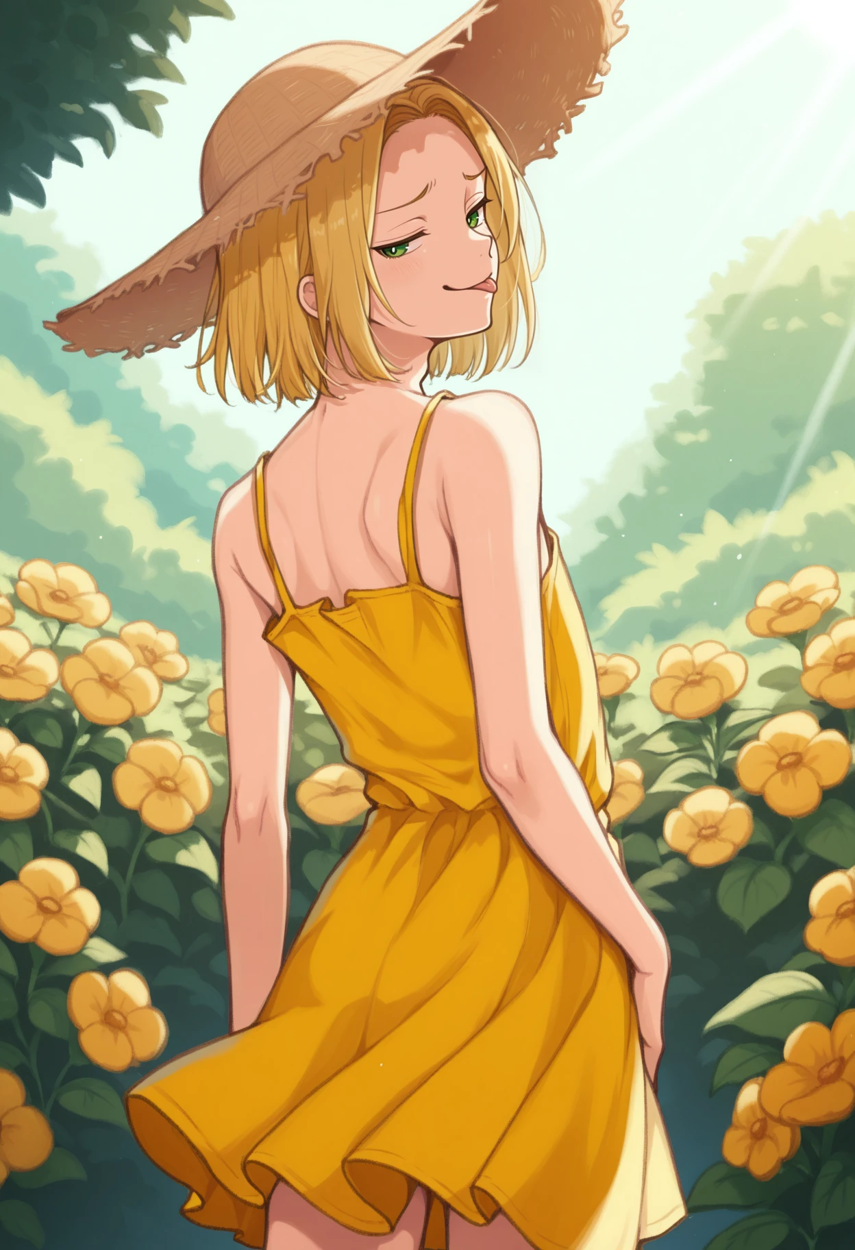 masterpiece, best quality, 1boy, solo, <lora:NSPolandHetalia:1> NSPolandMisc, medium hair, green eyes, blonde hair, androgynous, yellow sundress, from behind, looking back, straw hat, tongue out, smug, garden, outdoors, sun rays, cowboy shot, flowers