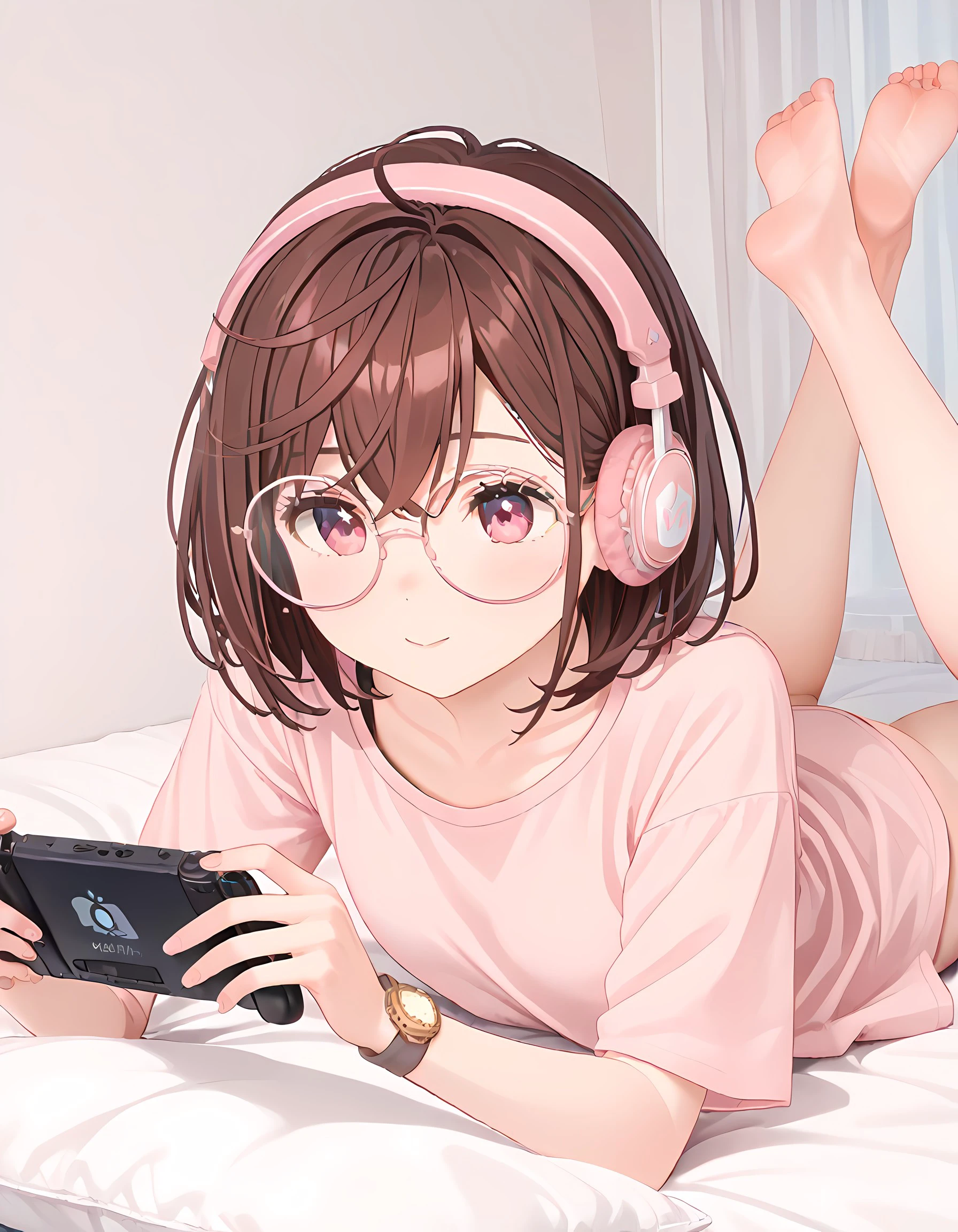 (masterpiece), best quality, expressive eyes, perfect face, perfect hands, short brown hair, large round glasses, oversized long pink t-shirt, pink eyes, brown wrist watch, bare legs and feet, no skirt, laying on stomach on bed, wearing pink headphones, playing game console., <lora:1e83974a-dcdc-4b59-ab52-7c7695b7d060:0.7>, <lora:eea8cb71-4b3c-4b27-8be6-010a624ac062:0.7>, <lora:7e7913f5-efa0-4e2b-a68f-bec37d5978d7:0.7>, <lora:6f44aa6c-dc29-49c2-9801-dd893334258e:0.7>