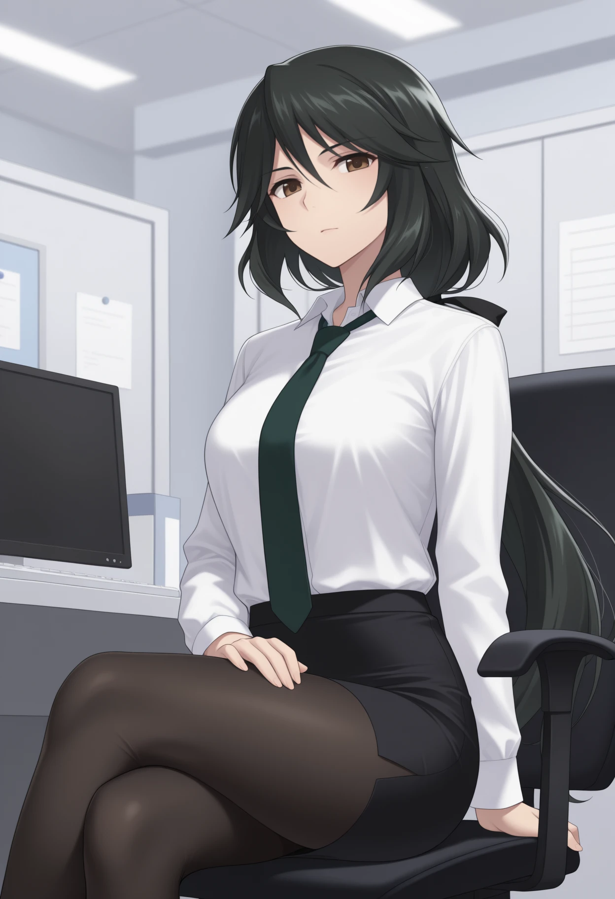 masterpiece, best quality, <break> solo, 1girl, orimura chifuyu, expressionless, looking at viewer, sitting, office chair, crossed legs, long hair, black hair, low ponytail, brown eyes, white shirt, collared shirt, green necktie, long sleeves, black skirt, pencil skirt, black pantyhose, indoors, office, cubicle, computer
<segment:yolo-Anzhc Face seg 640 v2 y8n.pt,0.4,0.5//cid=1>