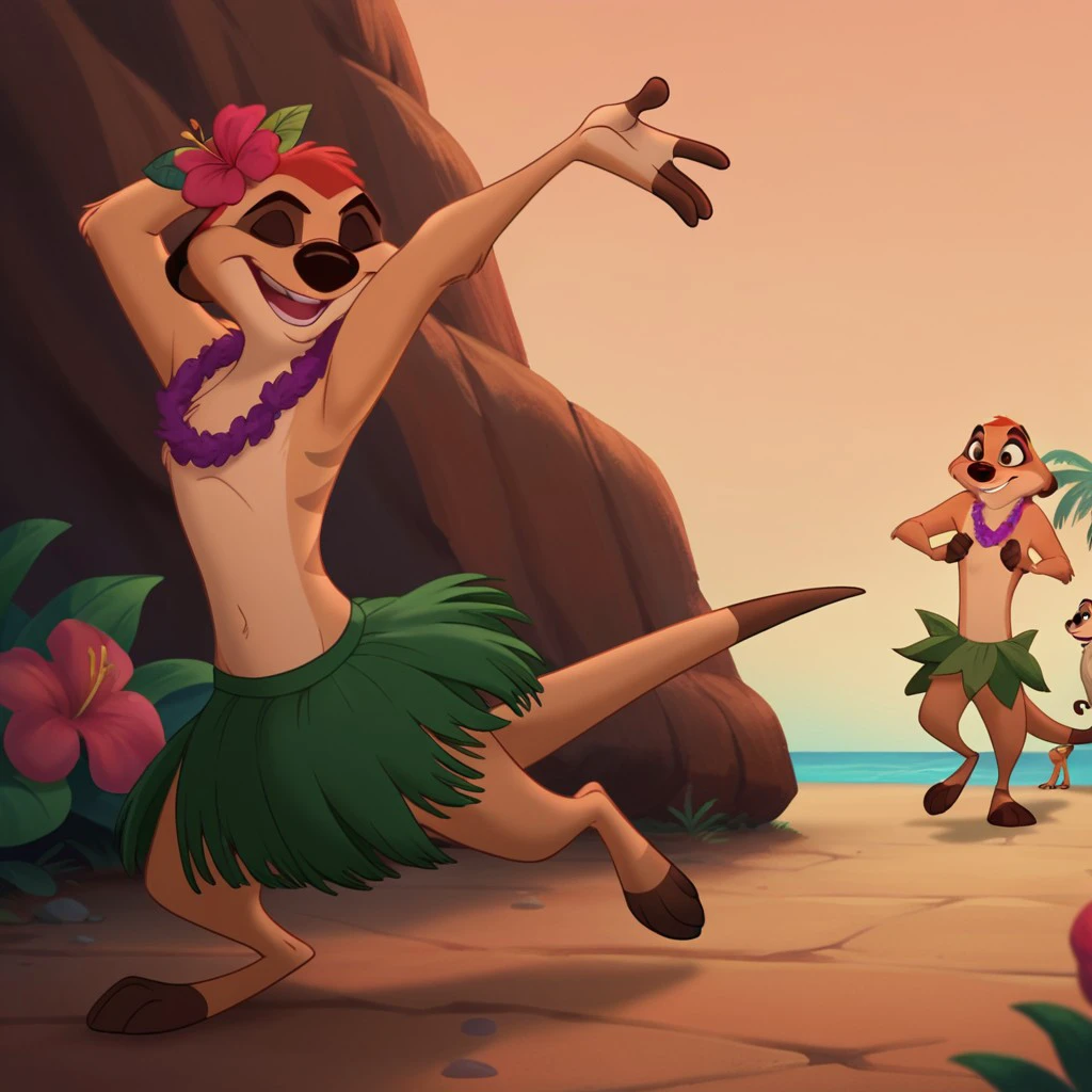 score_9, score_8_up, score_7_up, score_6_up, score_5_up, score_4_up, source_furry, timonlk, semi-anthro, male, meerkat, tan fur, red hair, tropical beach,  hair flower, hair ornament, flower necklace, grass skirt , dancing, <lora:dcbf823d-f5fc-4880-bdad-b9a1f19dbd0a:0.7>