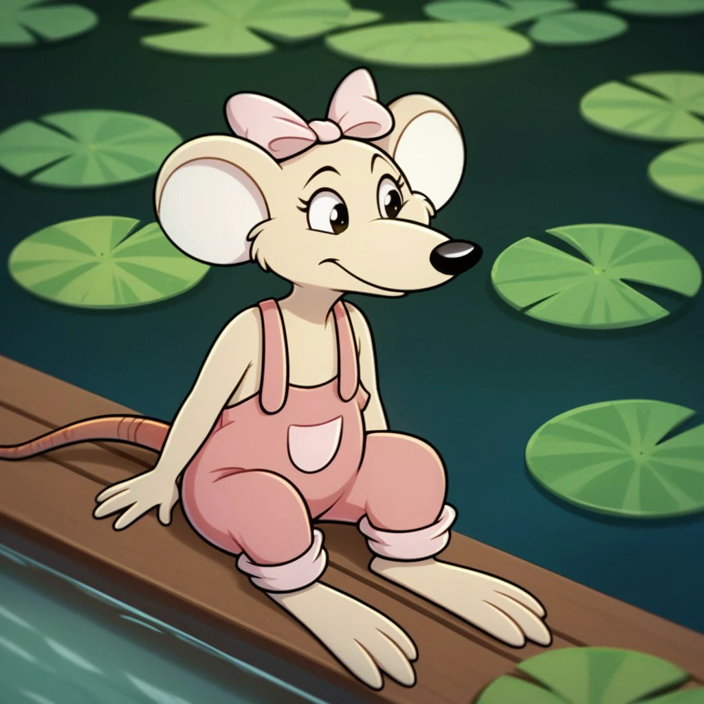 score_9, score_8_up, score_7_up, score_6_up, score_5_up, score_4_up, source_furry, Marciabbv2, semi-anthro, female, Marsupial Mouse, tan fur, black eyes, pink overalls, pink hair bow, sitting, by a pond, feet in water, 3toes, <lora:da54ad63-1a72-4b37-b93d-7ce375324fca:0.7>