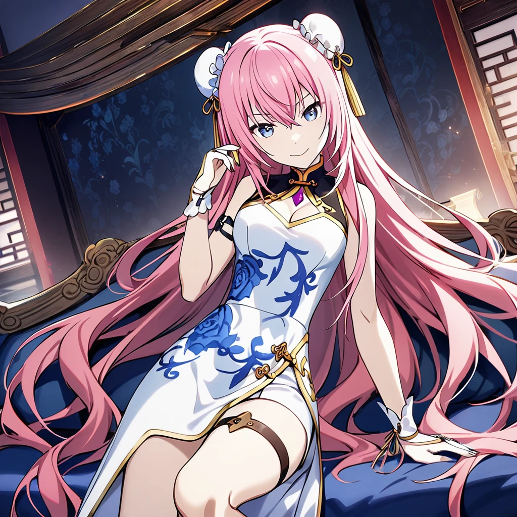 1girl, megurine luka, vocaloid, masterpiece, very aesthetic, absurdres, official art,
bewitching sister, pink hair, very long hair, blue eyes, two hair bun, 
(looking at viewer:1.2),smiling, closed mouth, lying on sofa, BREAK
chinese clothes, china dress, bun cover, white dress, thigh strap, fingerless gloves, sleeveless, floral print, sleeveless dress, side slit, gold trim, clothing cutout, white gloves, hair ornament, bare shoulders, print dress, bridal gauntlets, cleavage cutout, long skirt, 
indoors, Chinese style room, dark, dark atmosphere, 
 <lora:sdxl-vs-BewitchingSister01:0.9:lbw=0,0,0.2,0.2,0,0.4,0.4,0,0.8,0.8,0,0,0,0.8,0.8,0.6,0.8,0.0,0.0,0.0,0,0,0,0,0,0>