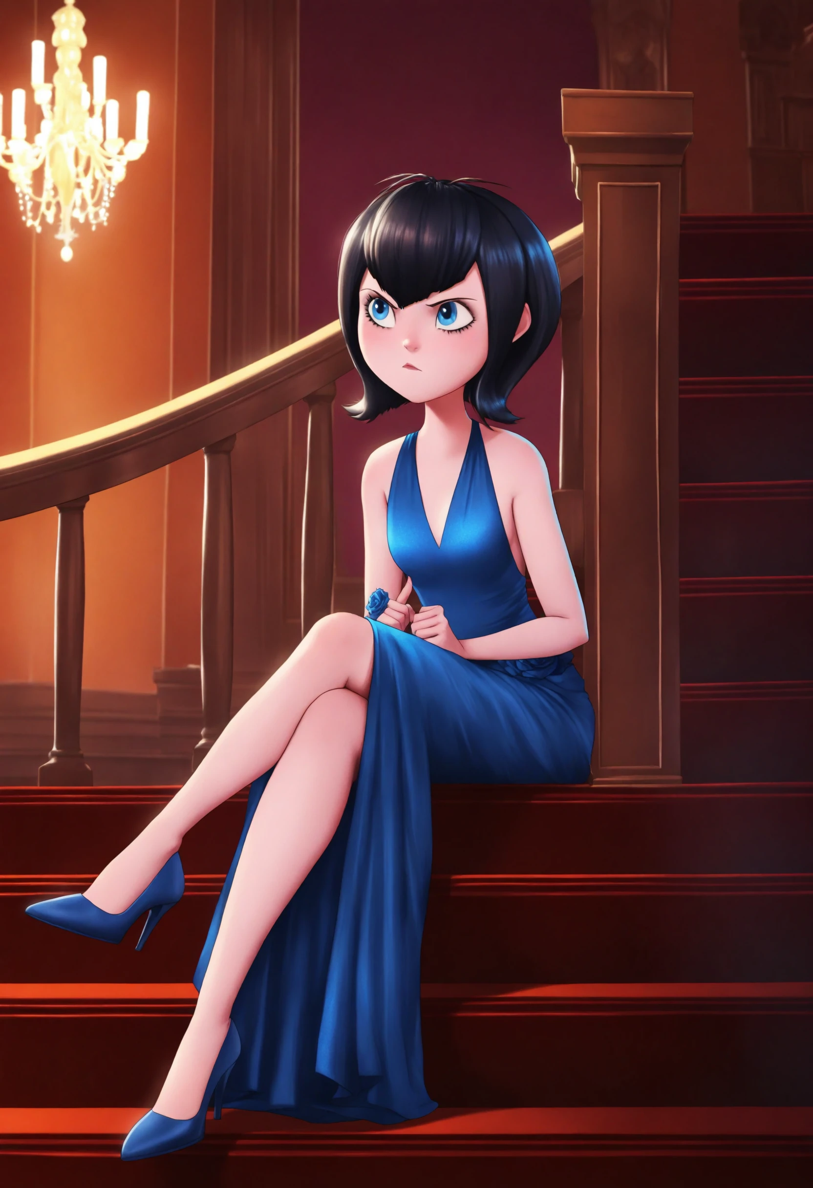 <lora:Mavis Dracula - [Hotel Transylvania] - illustriousXL v1:1>, sysdeep_mavis, black hair, blue eyes, solo, evening gown, sitting, on a grand staircase, holding a clutch, chandelier above