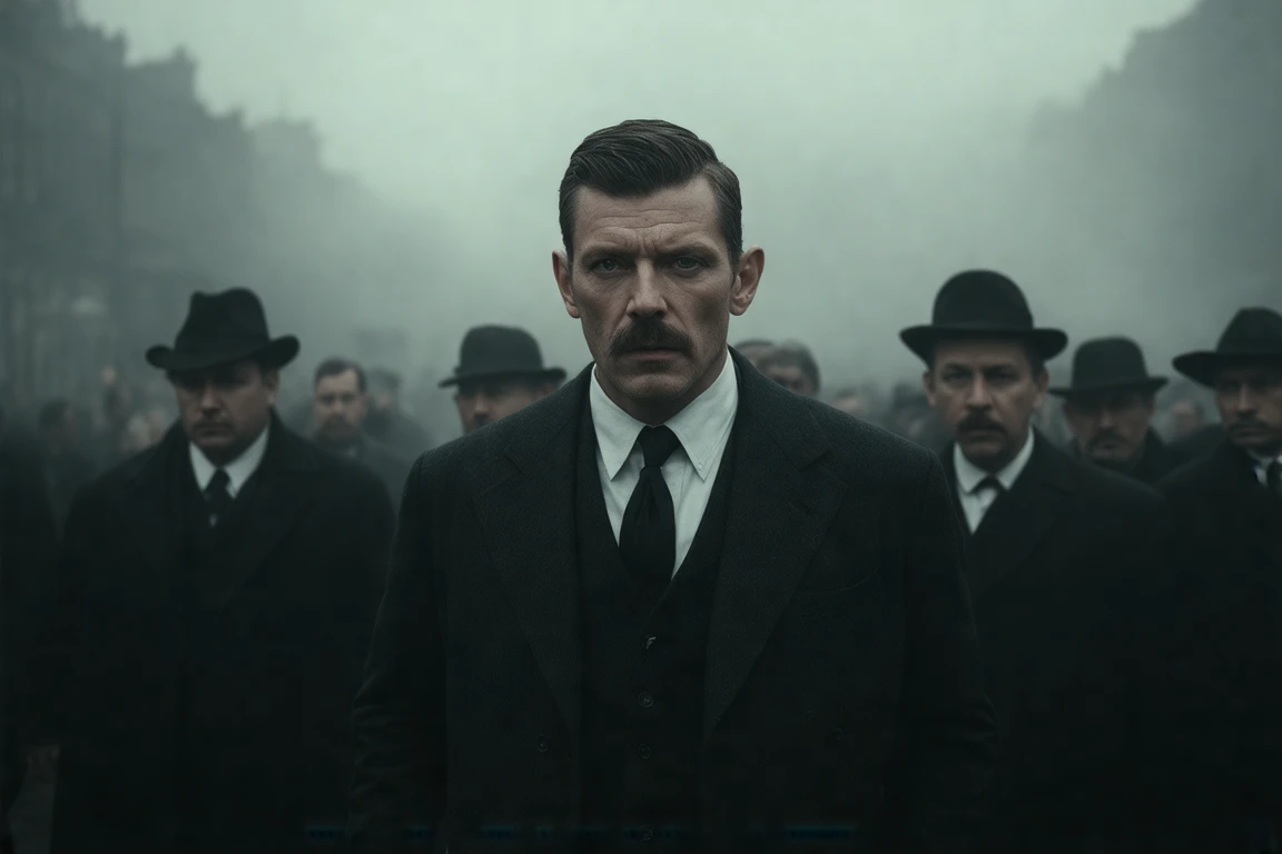 The image is a black-and-white photograph set in a dimly lit, foggy urban environment, reminiscent of a crime-ridden cityscape from the 1920s or 1930s. In the center, Arthur Shelby, a Caucasian male with a rugged, determined expression, stands prominently. He is dressed in a dark, tailored suit, white shirt, and black tie, evoking a sense of sophistication and menace. His short, neatly combed hair and sharp features contribute to his authoritative presence.

Surrounding Arthur are several men, all dressed in similar dark, vintage attire, with some wearing fedoras and overcoats. They form a semi-circle around him, their faces partially obscured by the mist, adding an air of mystery and tension. Their postures suggest they are either listening intently or preparing for action.

The background is blurred, with a hazy, industrial atmosphere, featuring indistinct structures and a heavy fog that envelops the scene, enhancing the overall somber and dramatic mood. The photograph is a still from a film, capturing a pivotal moment of intense emotion and high stakes.

Superimposed over the image in bold, white, sans-serif text is the quote: "PEOPLE AREN'T WORTH YOUR TIME, SLAUGHTER THEM FREELY." This text emphasizes the brutal and ruthless tone of the scene, aligning with the character's morally ambiguous nature. The image is a powerful visual representation of the film's themes of violence, loyalty