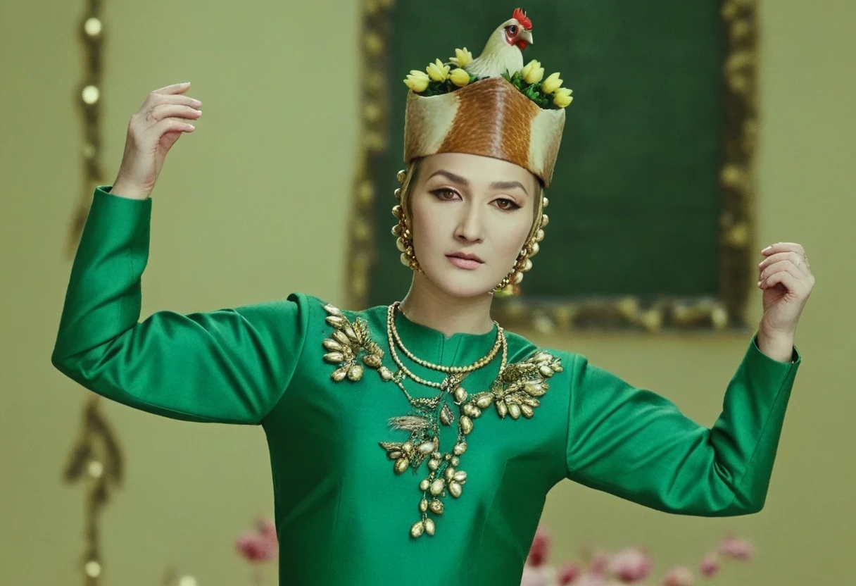 <lora:The_Color_Of_Pomegranates:1>sayatnova, a woman in a green dress, t-pose, floral headdress, chicken