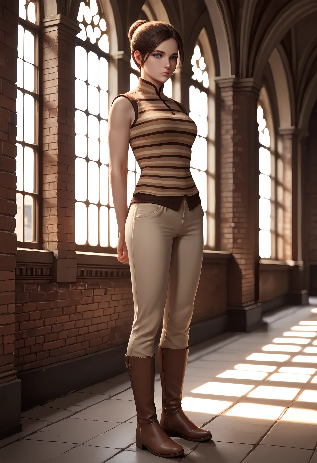 score_9, score_8_up, score_7_up, score_6_up,Nwagnerl, <lora:NWagnerLPony:0.7>,1girl,standing,full body,arms at sides,pants,boots,short hair,brown hair,sleeveless,striped shirt,blue eyes,indoors,mansion,expressionless,facing viewer, hair bun,straight on,bright colors,(solo:1.3),brick wall,