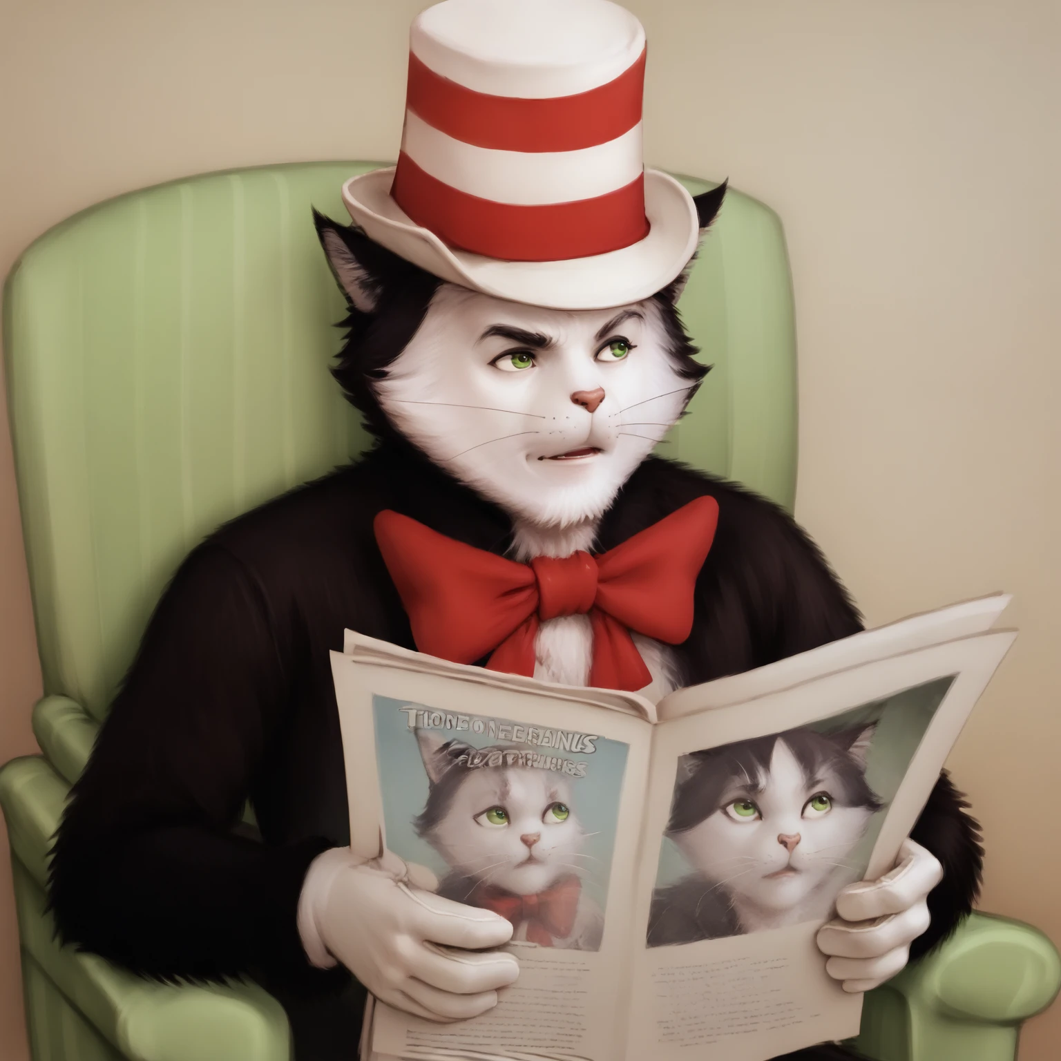 score_9, score_8_up, score_7_up, score_6_up, solo
Cat_in_the_Hat, black fur, white face, red-and-white striped hat, red bow, ears, green eyes, white gloves, TomReadingTheNewspaper, sitting, newspaper, chair, reading, Frowning, Looks to the side <lora:TomReadingTheNewspaper_XLPD:1>
<lora:Cat_in_the_Hat_XL:0.8>