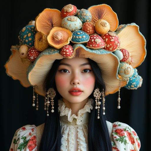 This is a highly detailed digital artwork featuring an Asian woman with fair skin and long, straight black hair. She wears a MushroomHat composed of large, ornate mushroom caps with intricate patterns and textures. Her outfit includes a floral-patterned blouse with ruffled sleeves and a lace collar, adorned with delicate chains and charms. The background is a solid dark color, making the vibrant details of her MushroomHat and attire stand out. The overall style blends realism with fantasy elements, creating a striking and imaginative portrait.