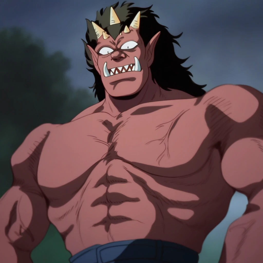 score_9, score_8_up, score_7_up, source_anime, rating_safe, , , looking at viewer, depth of field, 1boy, solo, male focus, normal background, upper body BREAK Gouki, black hair, black eyes, long hair, small pupils, oni horns, horns, oni, red oni, giant, monster boy, monster male,s ize difference, sharp teeth, fangs, pointy ears, colored skin, red skin, torn shorts, muscular male, muscular, topless male, <lora:sdxl_lightning_8step_lora:1>