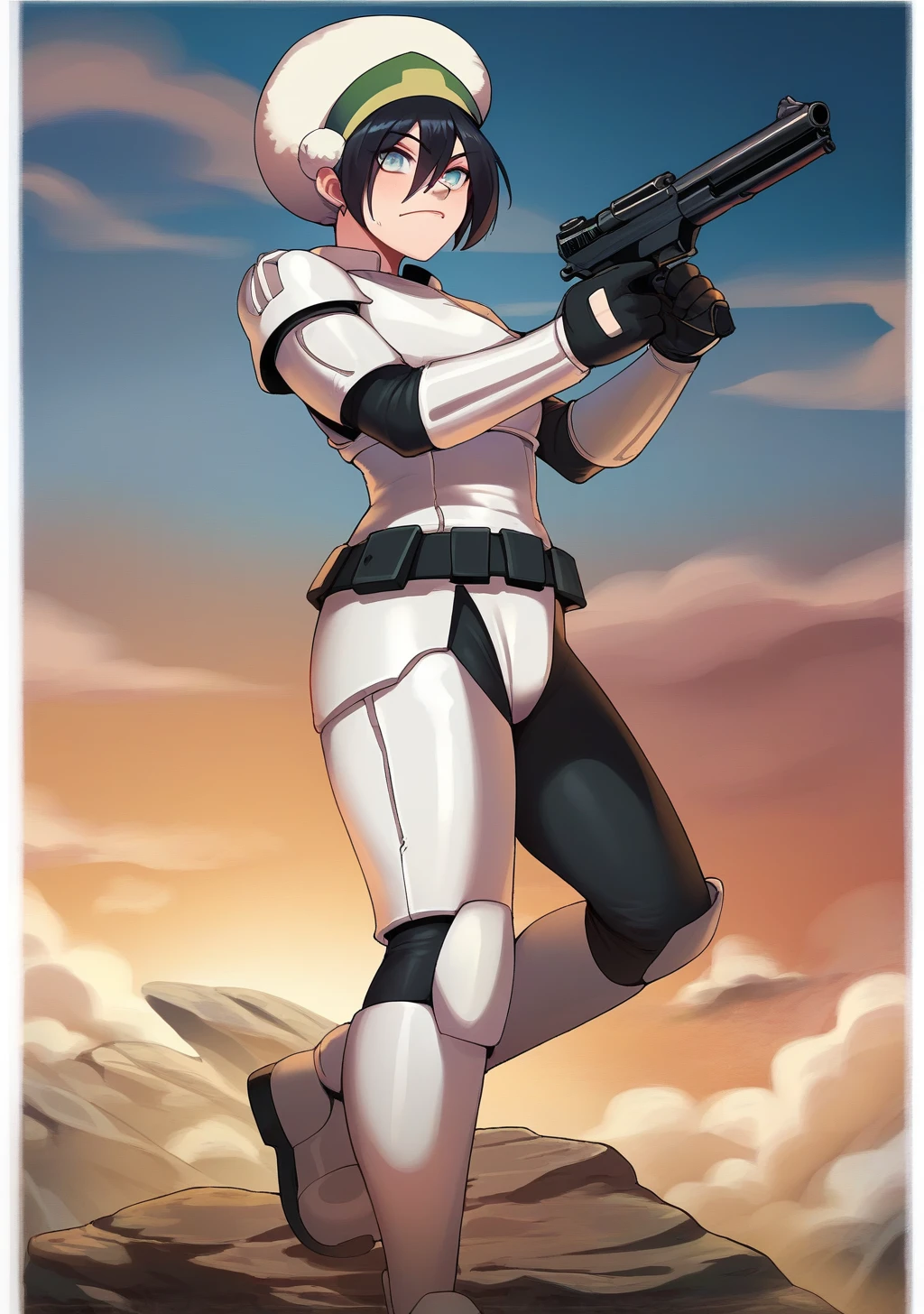 score_9, score_8_up, score_7_up, score_6_up, score_5_up, score_4_up, masterpiece, high quality, BREAK, full body, BREAK, 1girl,  <lora:Storm Trooper Outfit:0.9> Stormtrooper outfit, white helmet, white outfit, white armor, gun, solider, <lora:TophXL:0.6> 1girl, toph, hair between eyes, hair bun