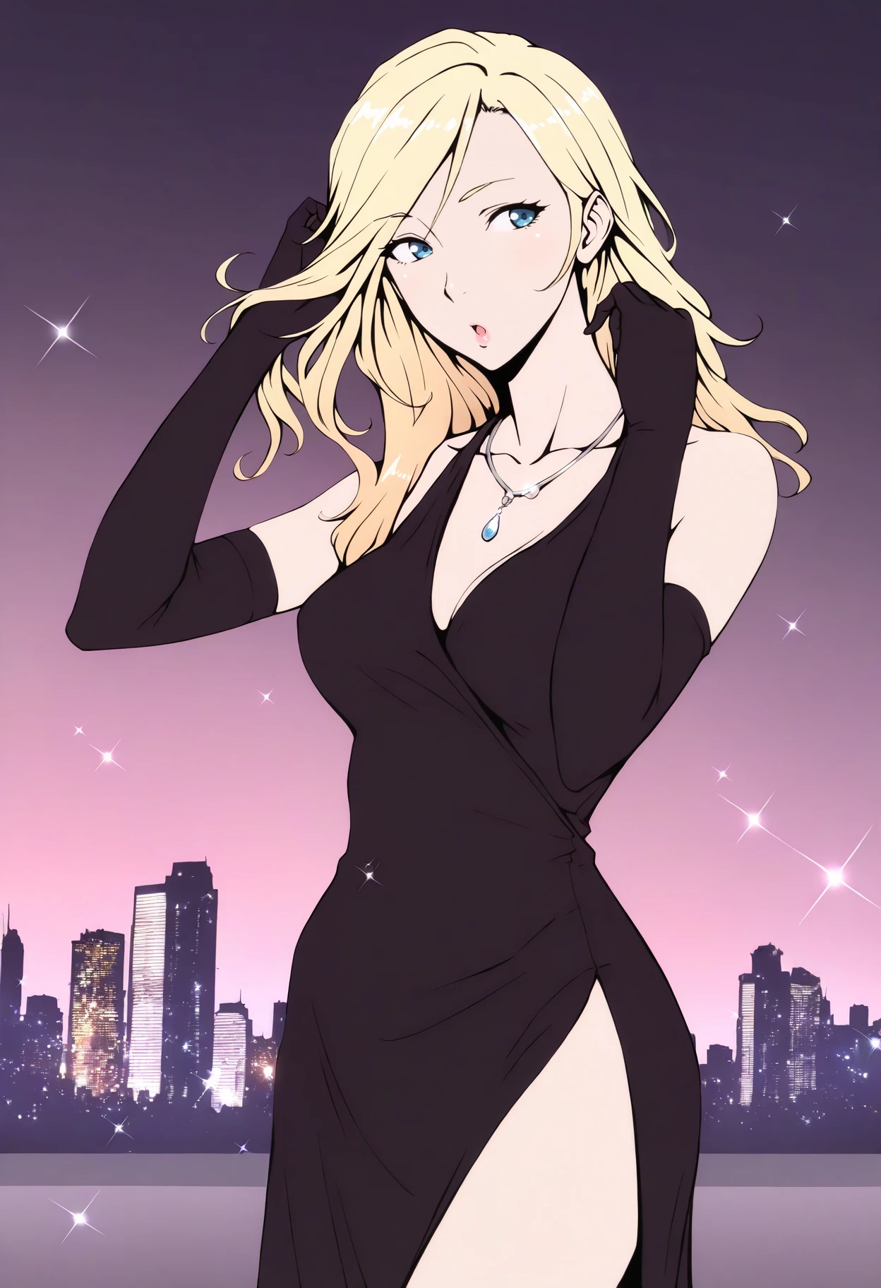 masterpiece, best quality, 1girl, <lora:YokoCV-illu:*****koCV, blonde hair, long hair, blue eyes, black dress, evening gown, glitter, looking to the side, :o, adjusting hair, elbow gloves, formal, side slit, necklace, collarbone, simple background, cityscape, flat color