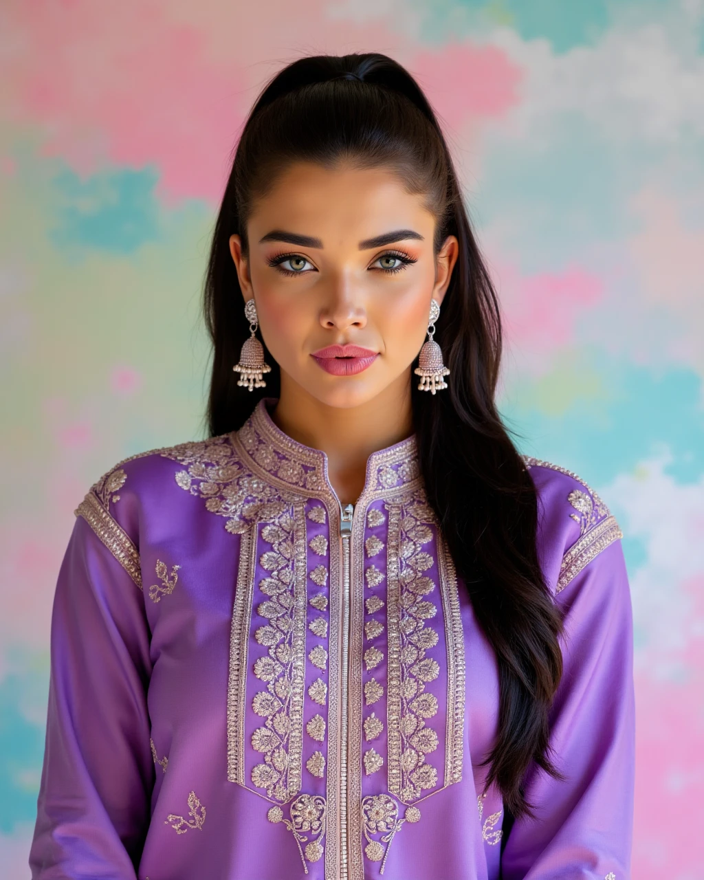 headshot photo of Amy Jackson woman,candid photo with natural colors, pouting expression on face,studio quality, wearing intricate conservative long sleeved Violet Pants_kurta, high ponytail, pastel shaded multicolored background, cinematic soft lighting<lora:TestBed\Amy_Jackson_Flux_Kohya_LoRA_v1.safetensors:1.0:1.0>