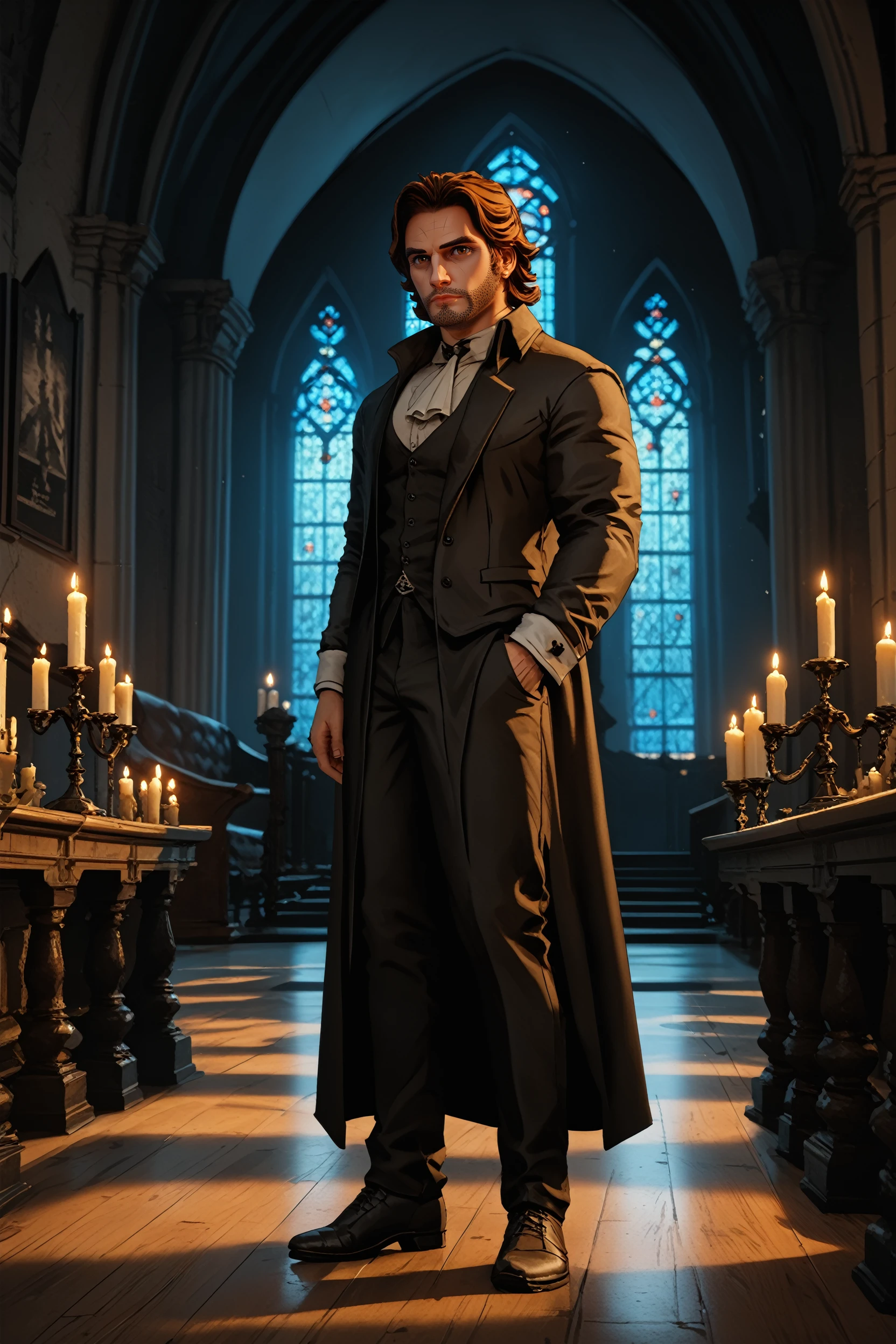 score_9, score_8_up, score_7_up,
<lora:WolfBigby:0.9>
WolfBigby, 1boy, brown hair, beard, brown eyes, looking at viewer, Gothic cathedral interior with candlelight, dynamic lighting, mysterious and dark, standing, full body