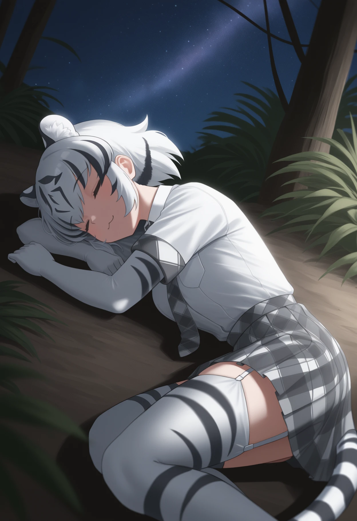 masterpiece, best quality, <break> solo, 1girl, wh1te t1ger, tiger tail, :3, lying, on ground, on side, sleeping, short hair, two-tone hair, white hair, black hair, animal ears, extra ears, closed eyes, tiger print, white shirt, collared shirt, wing collar, breast pocket, grey necktie, plaid necktie, short sleeves, white gloves, elbow gloves, print gloves, grey skirt, plaid skirt, pleated skirt, print thighhighs, garter straps, outdoors, night, jungle, night sky, starry sky, star \(sky\)
<segment:yolo-Anzhc Face seg 640 v2 y8n.pt,0.4,0.5//cid=1>