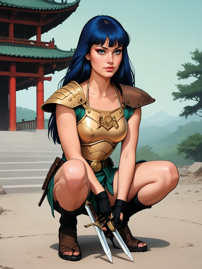 score_9, score_8_up, score_7_up, realistic,  background is green sky, asian temple, wasteland, <lora:Lady_Kayura:.6>,  ladykayura, kayura, ronin warriors, full body, 1girl, retro, blue hair, 1980s (style), bangs, long hair, blue eyes, portrait, makeup, armor, shoulder armor, gloves, swords, japanese, asian, monolid:1.2, crouching, knees,