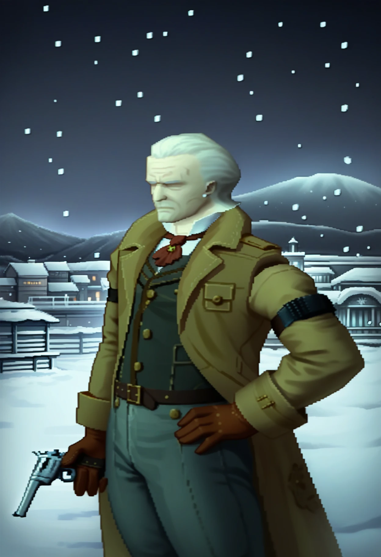 score_9, score_8_up, score_7_up, score_6_up, <lora:mgs1_style:1>, mgs1_style, revolver_ocelot, 1boy, white hair, beard, no eyes, old man, trench coat, brown gloves, pants,
looking away, holding gun, cowboy shot, revolver, hand on own hip, solo focus, 
BREAK outdoors, dark background, night, snowing, snow, scenery, building,