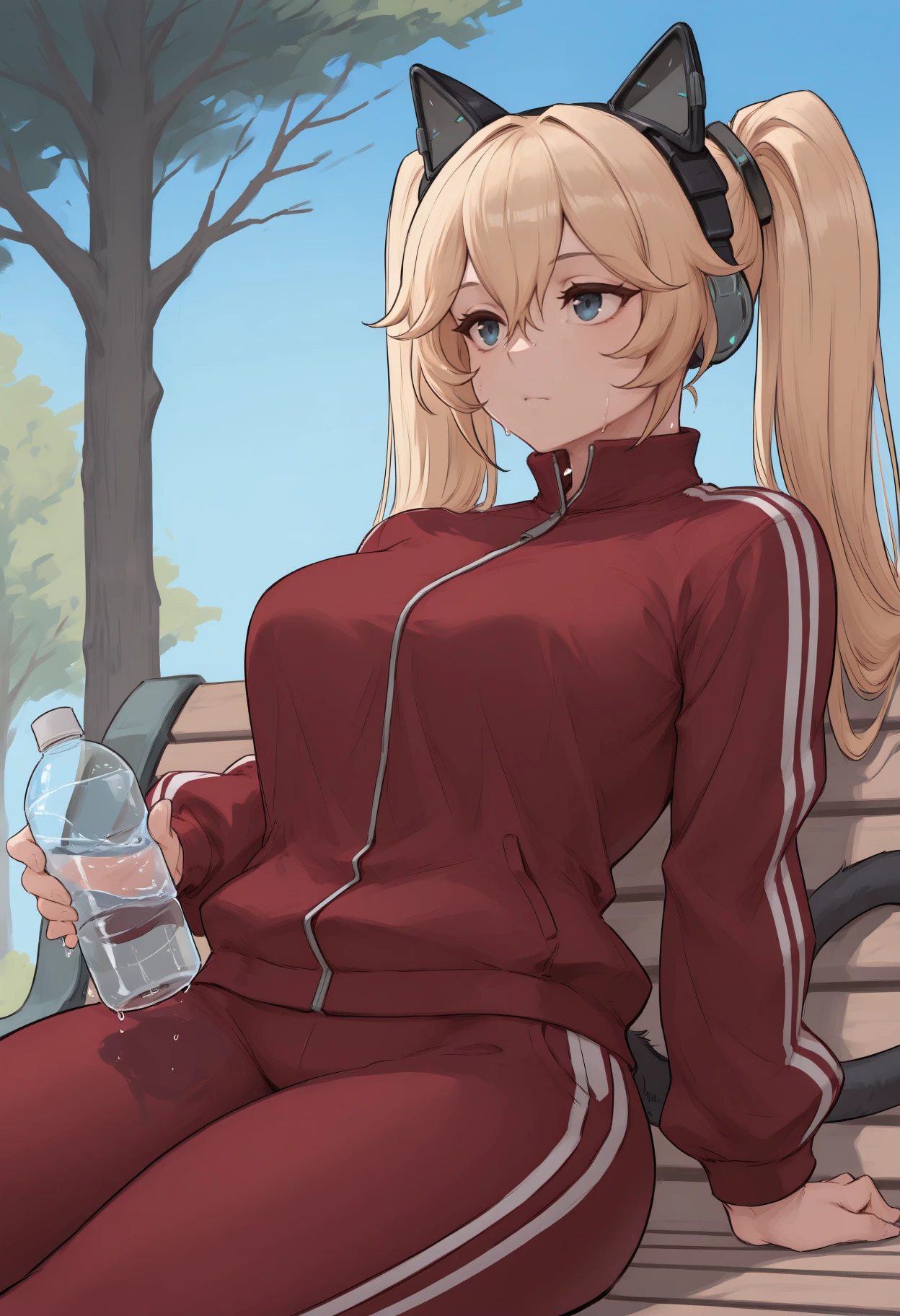 masterpiece, best quality, <break> solo, 1girl, m1chele, cat tail, sweat, expressionless, looking away, sitting, park bench, leaning back, holding water bottle, long hair, blonde hair, hair between eyes, twintails, animal ear headphones, blue eyes, track suit, red jacket, track jacket, red pants, outdoors, blue sky, tree
<segment:yolo-Anzhc Face seg 640 v2 y8n.pt,0.4,0.5//cid=1>