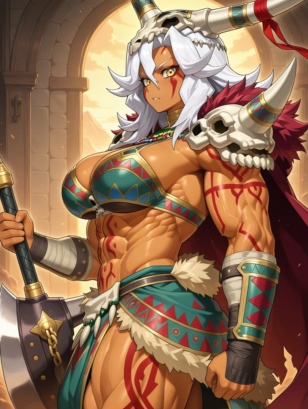 amazoness augusta,1girl,solo,dark-skinned female,obliques,biceps,abs,large breasts,muscular female,looking at viewer,tribal,huge weapon,midriff,from side,bandaged vambraces,facepaint,censored,animal skull ornament,fur trim loincloth,red cape,stomach tattoo,holding huge weapon,bikini armor,skull shoulder armor,
masterpiece,best quality,amazing quality,very aesthetic,absurdres,newest,<lora:Amazoness Augusta, Amazoness Spiritualist illuXL v1.1:0.82>,