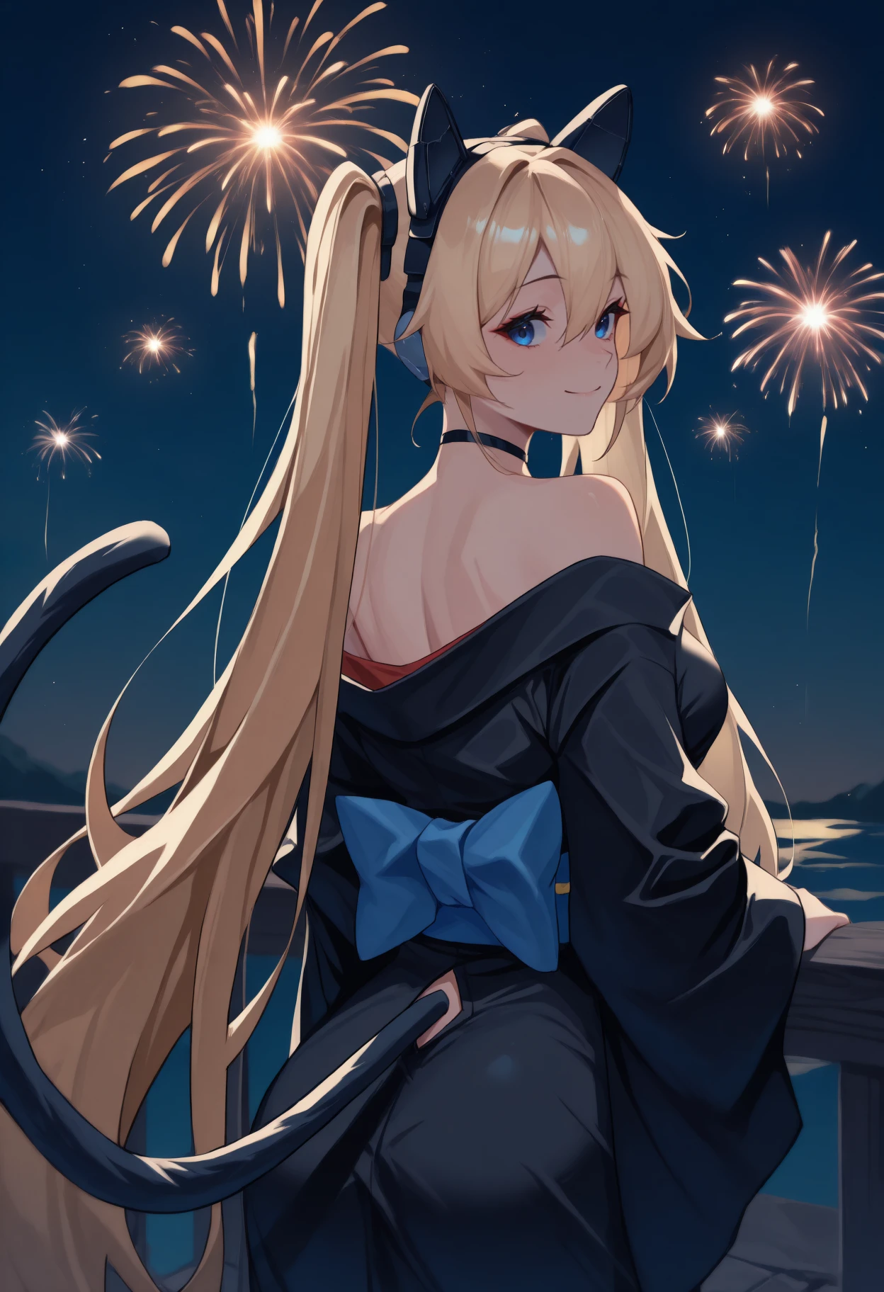 anime, masterpiece, best quality, <break> from behind, solo, 1girl, m1chele, cat tail, smile, looking back, long hair, blonde hair, hair between eyes, twintails, animal ear headphones, blue eyes, japanese clothes, black kimono, off shoulder, blue sash, bare shoulders, outdoors, night, fireworks
<segment:yolo-Anzhc Face seg 640 v2 y8n.pt,0.4,0.5//cid=1>