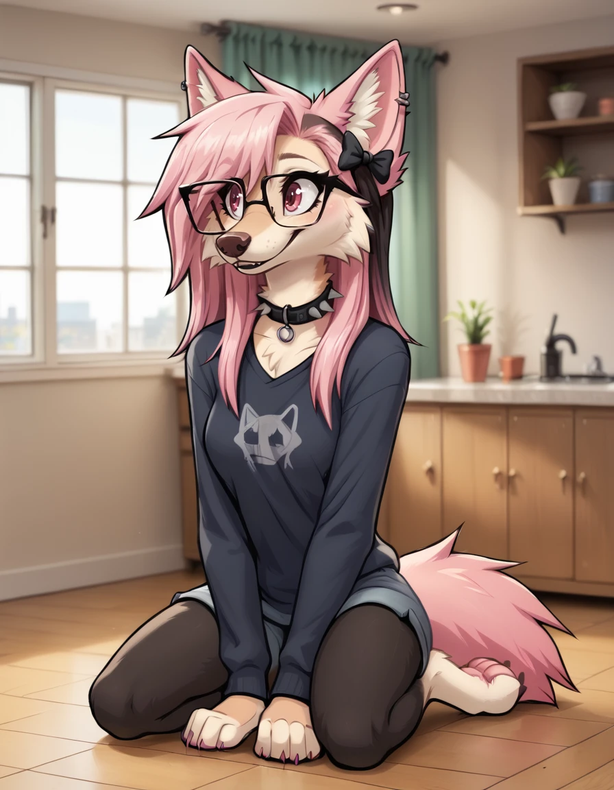masterpiece, furchan, (furry:1.2), long hair, pink hair, tail, bangs, white shirt, blue skirt, bow, mary janes, (happy:1.1), bedroom, glasses <lora:fur_chan v2.5-000002:0.98>