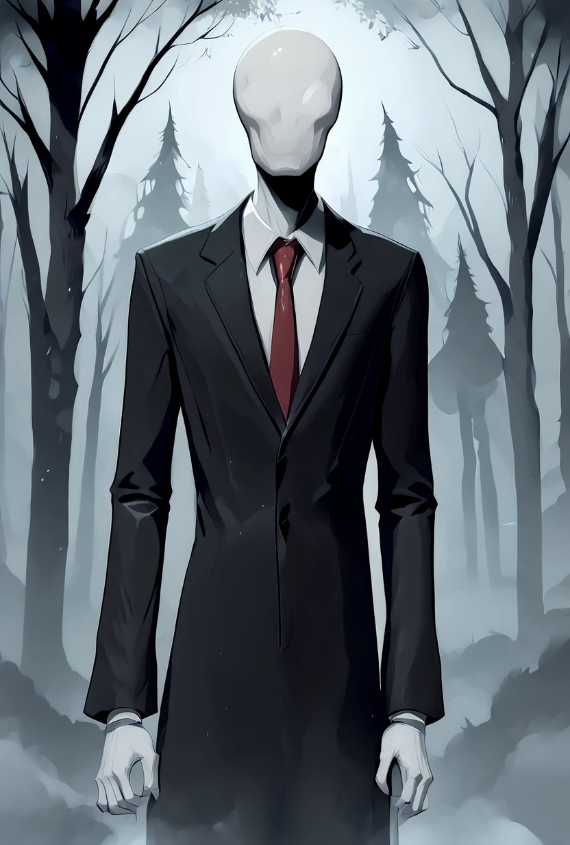 score_9, score_8_up, score_7_up  <lora:slenderman-10:1> slenderman, necktie, black coat, formal, 1boy, solo, faceless, , white hands, white gloves,behind trees, dark forest, black trees, fog, horror scene, close up shot, cowboy shot, hiding <lora:darkcore_pny style:1> s_darkcore style