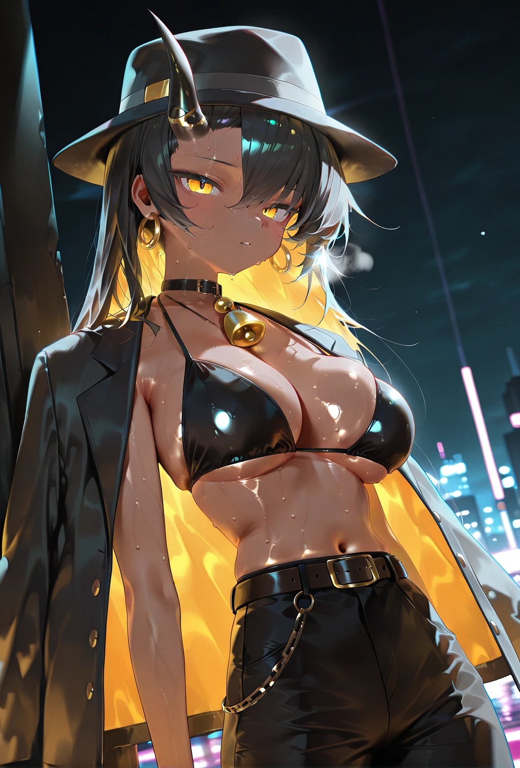 1girl, <lora:Snorky:0.9>, yellow eyes, black hair, long hair, fedora, large breasts, single horn, dark skin, round earrings, bell necklace, black bikini top, black pants, belt, jacket on shoulders, (neon, night:1.2), volumetric light, colorful, dutch angle, close-up, very detailed eyes, masterpiece, best quality, amazing quality, very aesthetic, absurdres, newest, scenery,  <lora:deal360acv illustrious 006:0.45>, <lora:dj_sloppa_ill_v2:0.2>, <lora:nyalia:0.35>