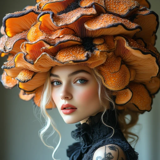 This is a highly detailed, digital CGI image of a young woman with fair skin and blue eyes. She wears a dramatic, black lace and orange MushroomHat adorned with large, textured fungi. Her makeup is soft yet striking, featuring bold eyeliner and peachy lips. She has a delicate, ethereal beauty with wavy blonde hair cascading over her shoulder. The background is blurred, focusing attention on her face and intricate headpiece. The overall style is hyper-realistic with a fantastical twist.