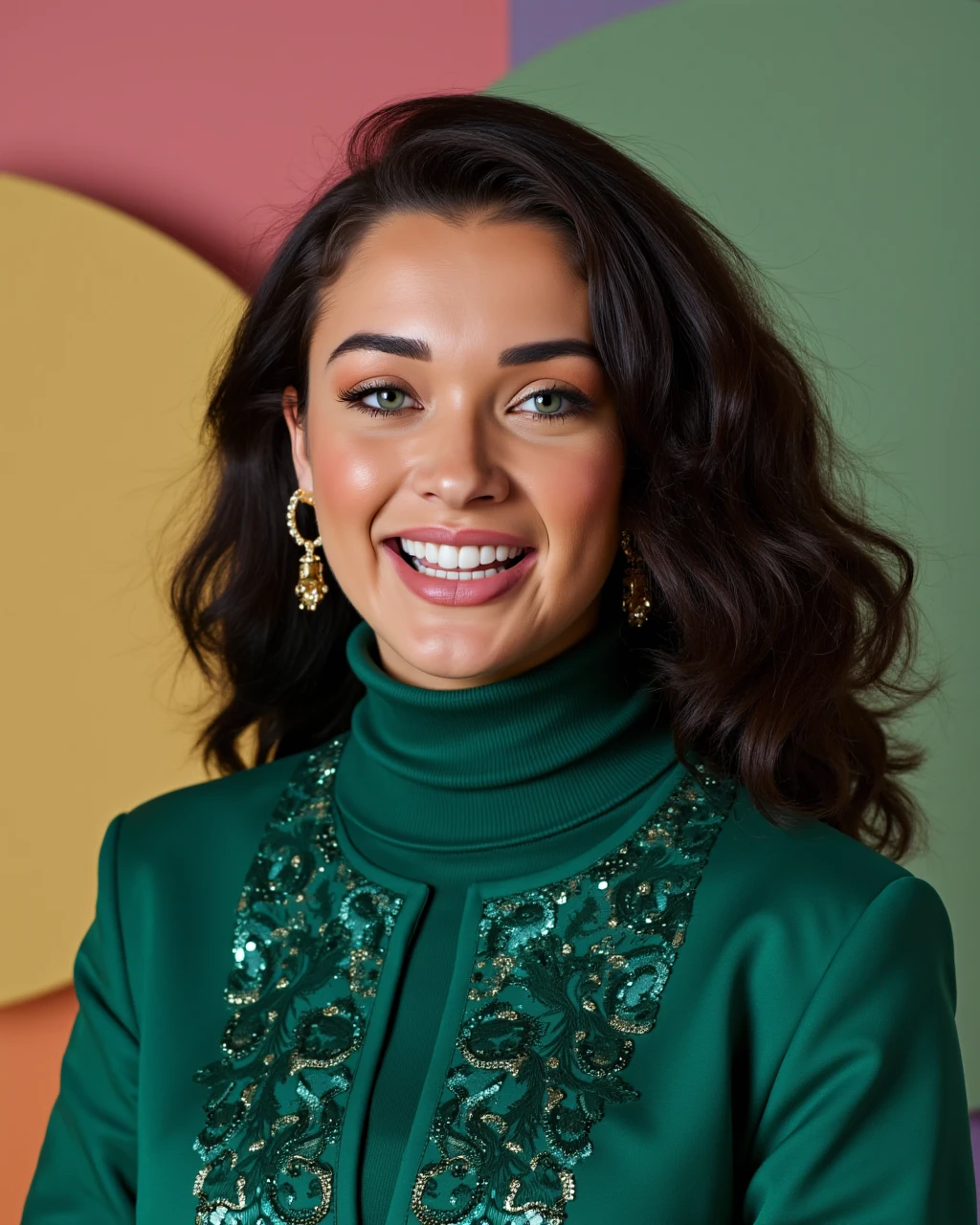 headshot photo of Amy Jackson woman,candid photo with natural colors, laughing expression on face,studio quality, wearing intricate conservative turtleneck Forest Green Abaya Style Suit, curls, pastel shaded multicolored background, cinematic soft lighting<lora:TestBed\Amy_Jackson_Flux_Kohya_LoRA_v1.safetensors:1.0:1.0>