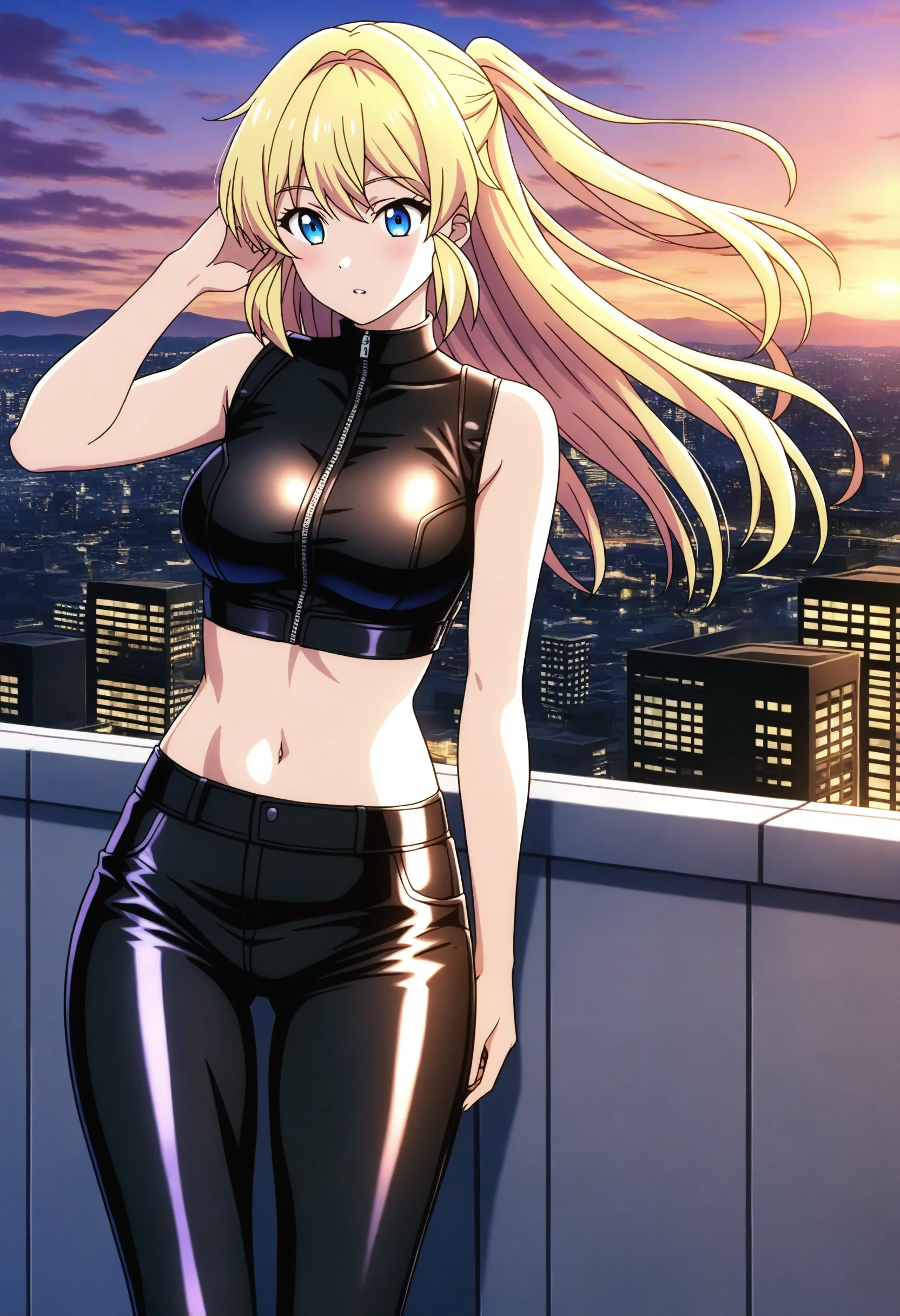 <lora:Azusa Aizawa - [Slime Taoshite 300 Nen] - illustriousXL v1:1>, blonde hair, blue eyes, solo, outdoors, rooftop at sunset, tight leather pants, crop top, city skyline in the background.