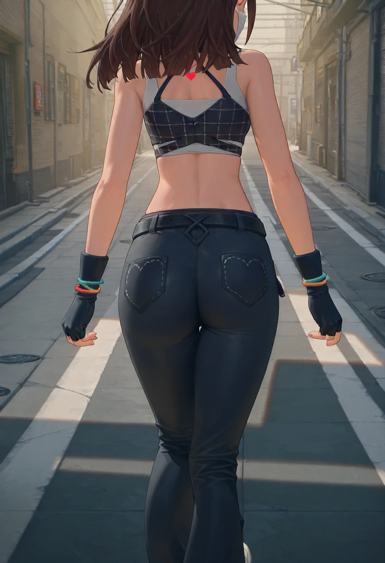 masterpiece, best quality, amazing quality, very aesthetic, absurdres, newest, scenery, volumetric lighting, perfect eyes, ultra detailed,
1girl, solo, brown hair, parted hair,  red eyes, 
facial mask, choker, black heart choker, white top, black top, square pattern top, zip, midriff, navel, fingerless gloves, blue and orange wrist bands, black pants, belt, white shoes, heart back pockets, 
walking, from behind, rear view, closeup, ass focus,
sixth street background, detailed background,
<lora:NPC_Nameless_masked_girl_-_Zenless_Zone_Zero_ZZZ__Illustrious:1>
masterpiece, best quality, amazing quality, very aesthetic, absurdres, newest, scenery, volumetric lighting, perfect eyes, ultra detailed,