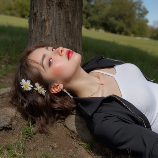 score_9, score_8_above, score_7_above, Photo, desde above, Girl, rubio, White shirt, neckline, lying in a field of flowers, looking at the viewer, Soft lighting