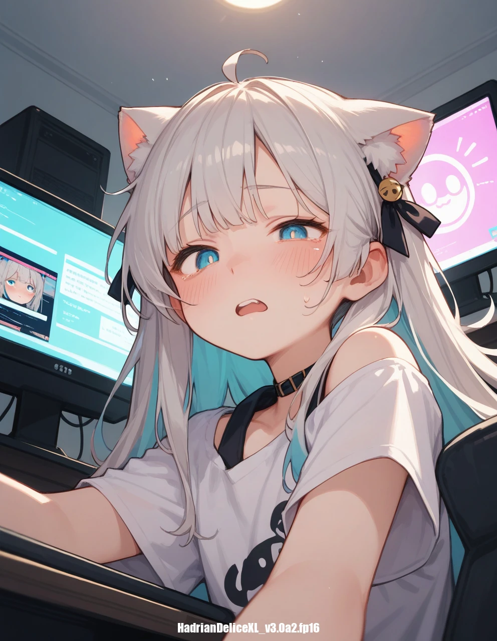 score_9,score_8_up,score_7_up, uneven eyes,half-closed eye, wide-eyed, 1girl,solo,vtuber, looking down,looking at viewer, from below,open mouth, half-closed eye, constricted pupil,embarrassed, monitor, bedroom,computer station ,cat ears,