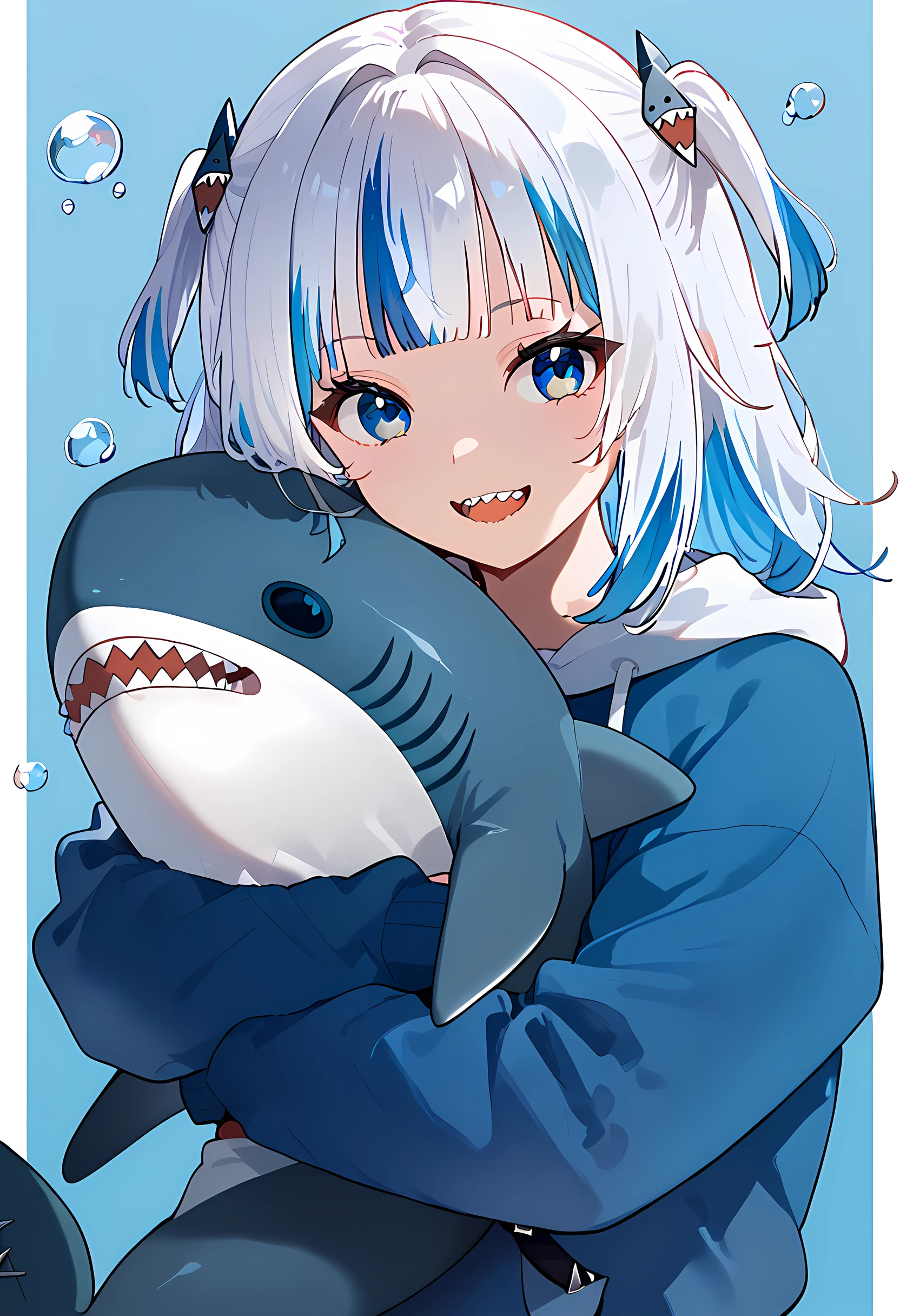 score_9, score_8_up, score_7_up, 1girl, a, bangs, biting, bloop \(gawr gura\), blue eyes, blue hair, white hair, blue hoodie, blunt bangs, bubble, fish tail, hair ornament, hoodie, long hair, looking at viewer, medium hair, multicolored hair, open mouth, smile, solo, streaked hair, hugging, shark, stuffed shark, two-tone hair, two side up, virtual youtuber, simple background, <lora:Hugging_shark:1>