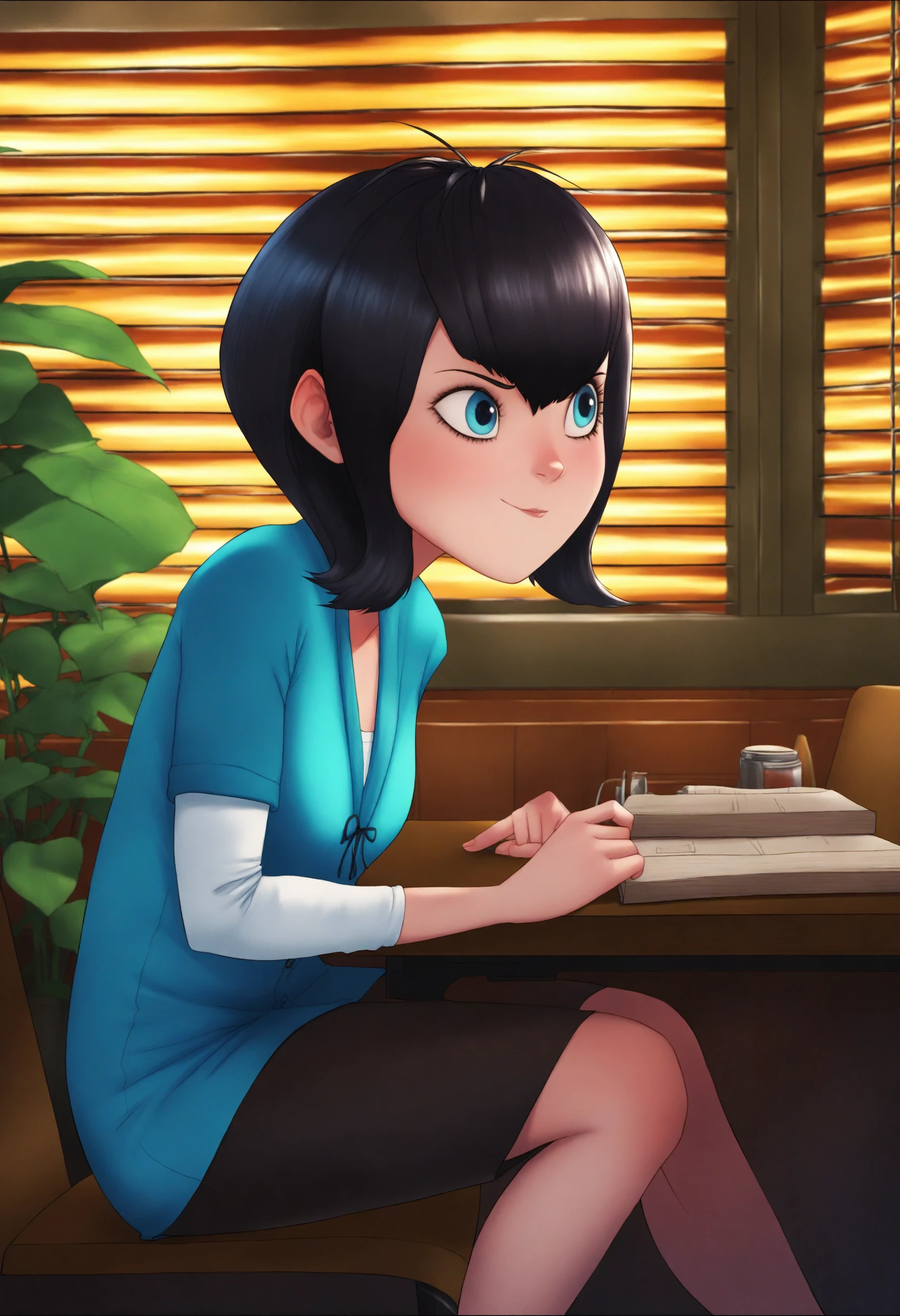 <lora:Mavis Dracula - [Hotel Transylvania] - illustriousXL v1:1>, sysdeep_mavis, black hair, blue eyes, solo, casual attire, sitting, at a desk, in a co-working space, afternoon, plants around,