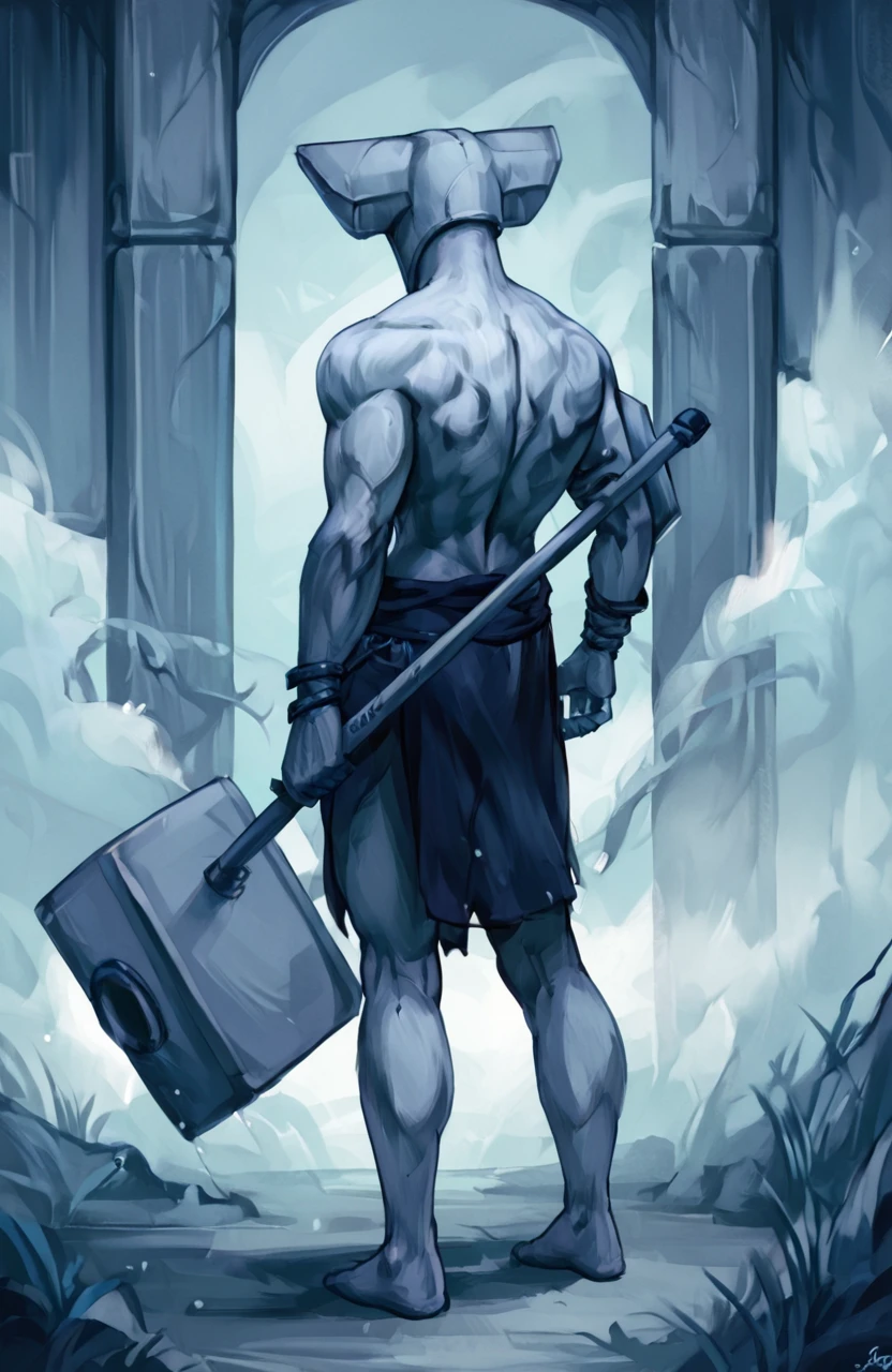 score_9, score_8_up, score_7_up,  <lora:Mithrix_Risk_of_Rain_2:0.9>, source_safe,
mithrix_ror2, solo, 1boy, muscular, loincloth, pauldron, bracelet, 
standing, from behind, holding, holding hammer, weapon, hammer, 
outdoors