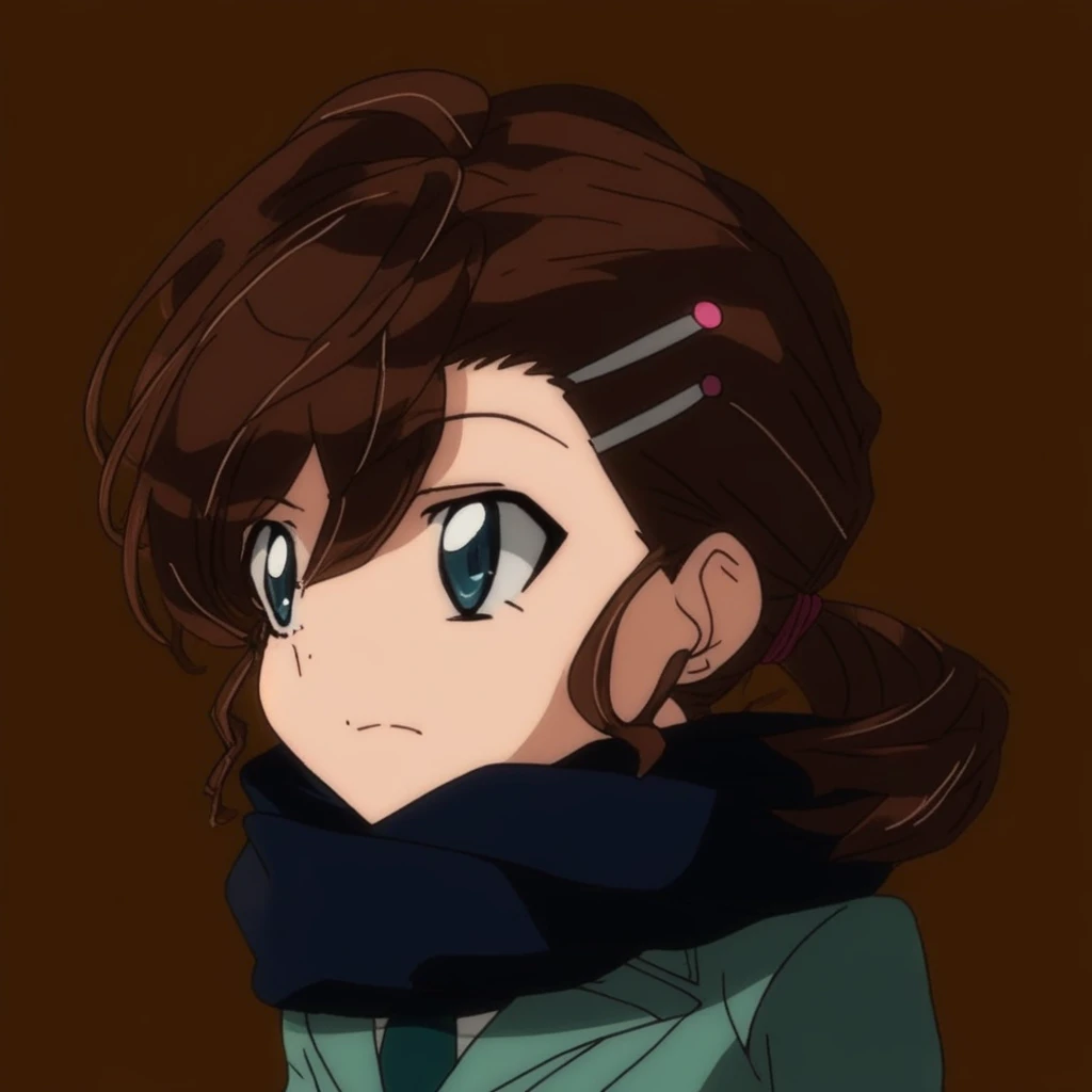 swept bangs and hair pulled back,Brown medium hair,wavy hair,single hair intake,hair between eyes,sidelocks,low ponytail,1 hair-pin,1 pink hair tie,blue eyes,school uniform,white shirt,dark sea-green skirt,puffy long sleeves,dark sea-green necktie,celadon blazer,navy scarf